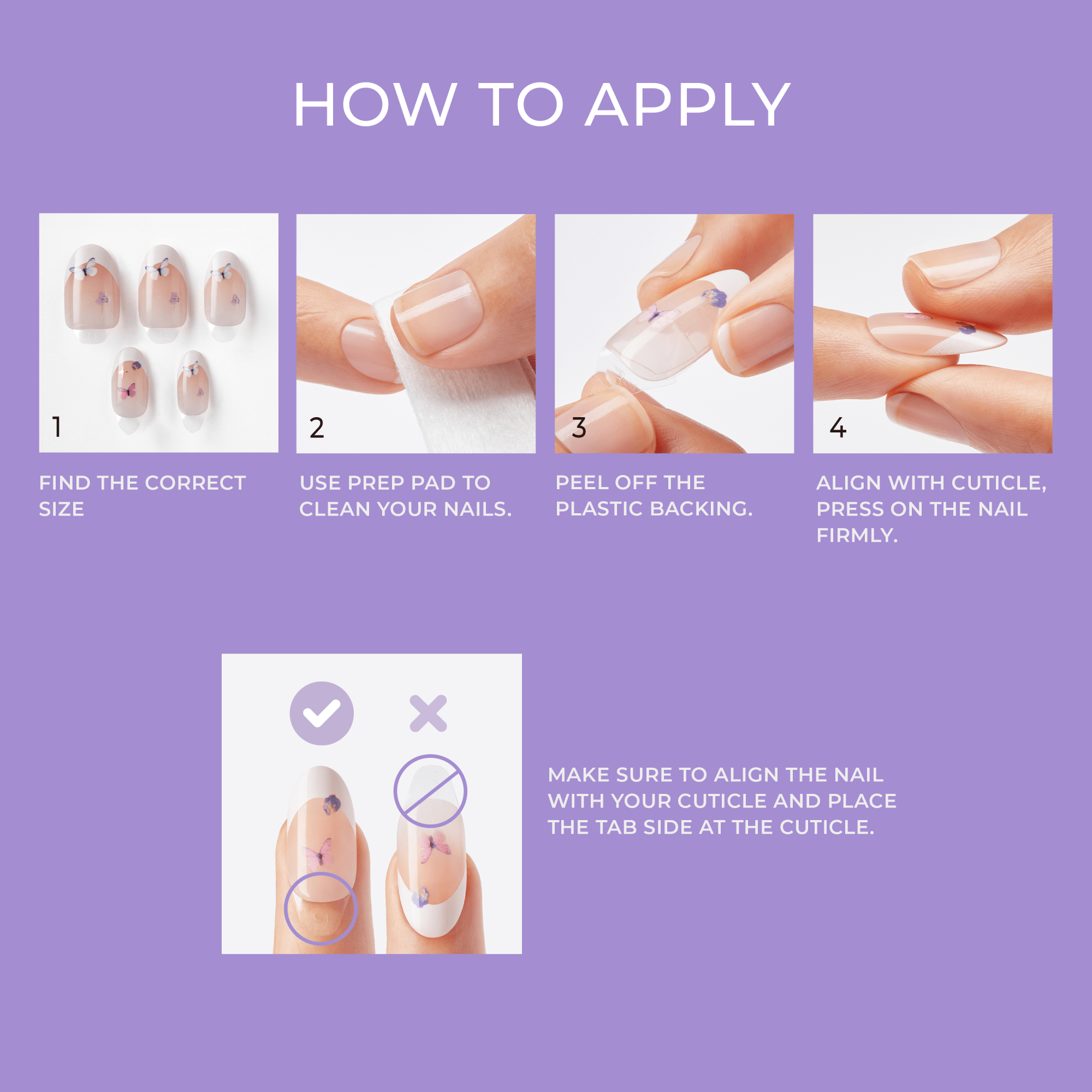 How to apply imPRESS Design Press On Nails - Kingdom shows four steps: selecting correct nail sizes with butterfly designs, cleaning nails with prep pad, peeling off plastic backing, pressing nail firmly aligned with cuticle.