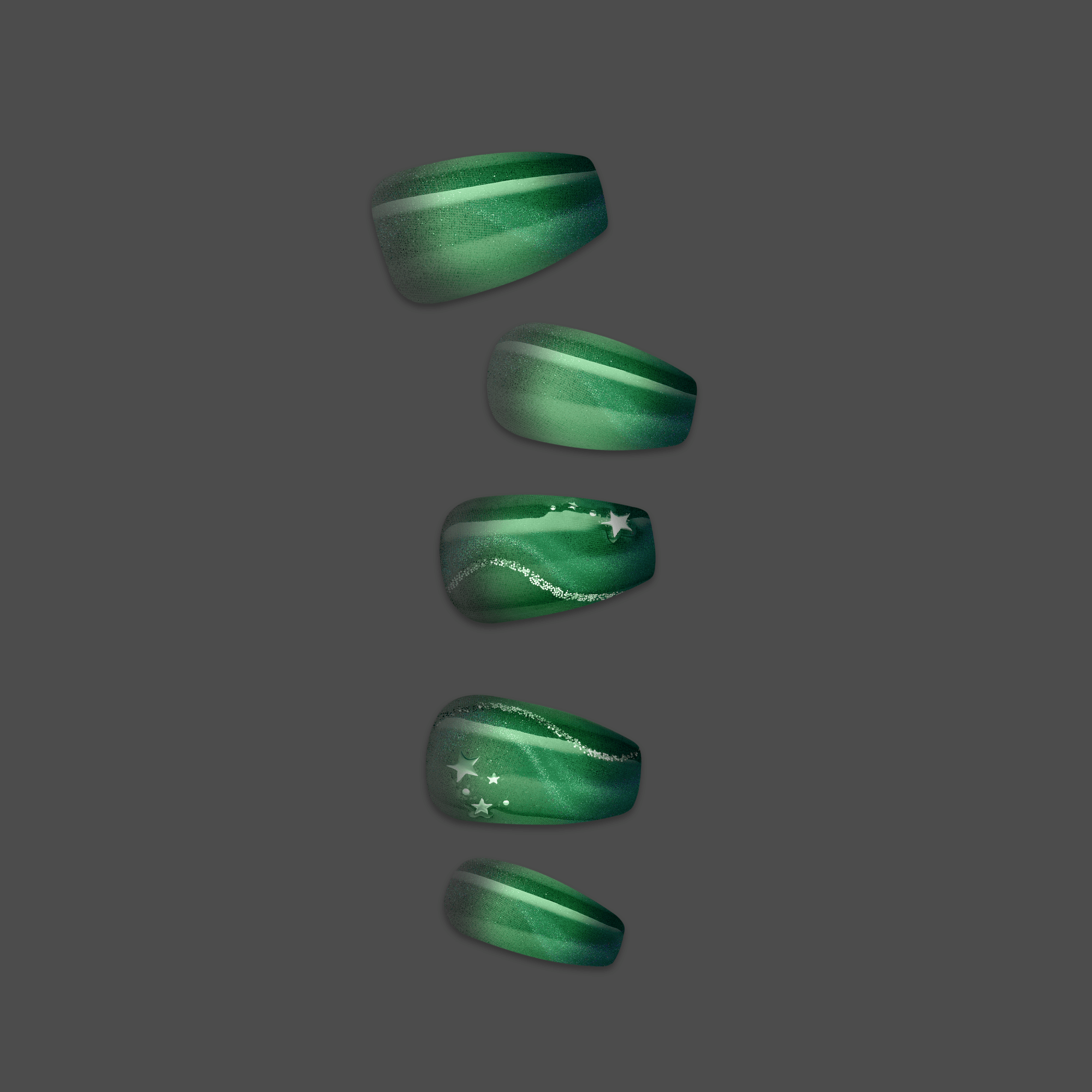Set of five green press-on nails with a shimmering gradient finish, two nails decorated with silver star and sparkle accents.