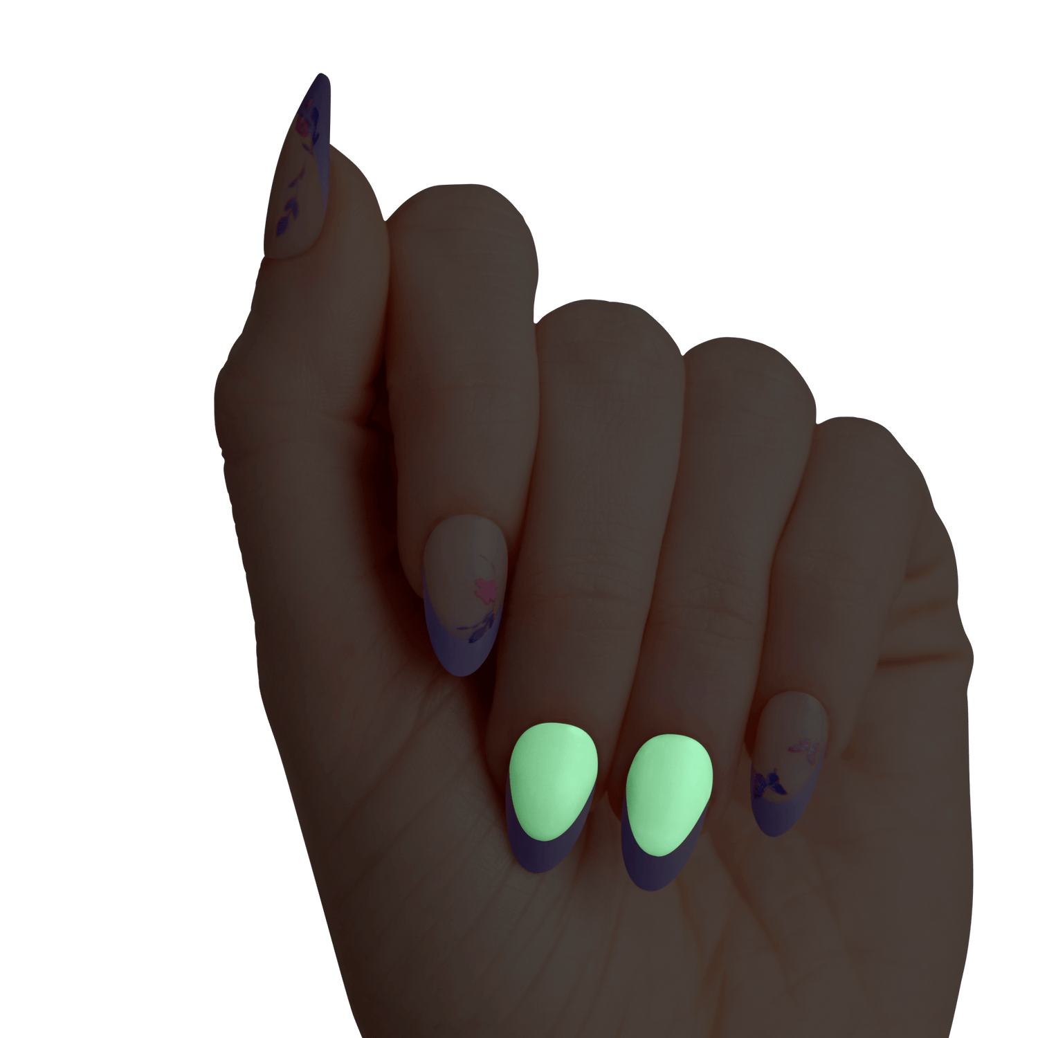 Hand with navy and mint green nail art design on dark skin tone