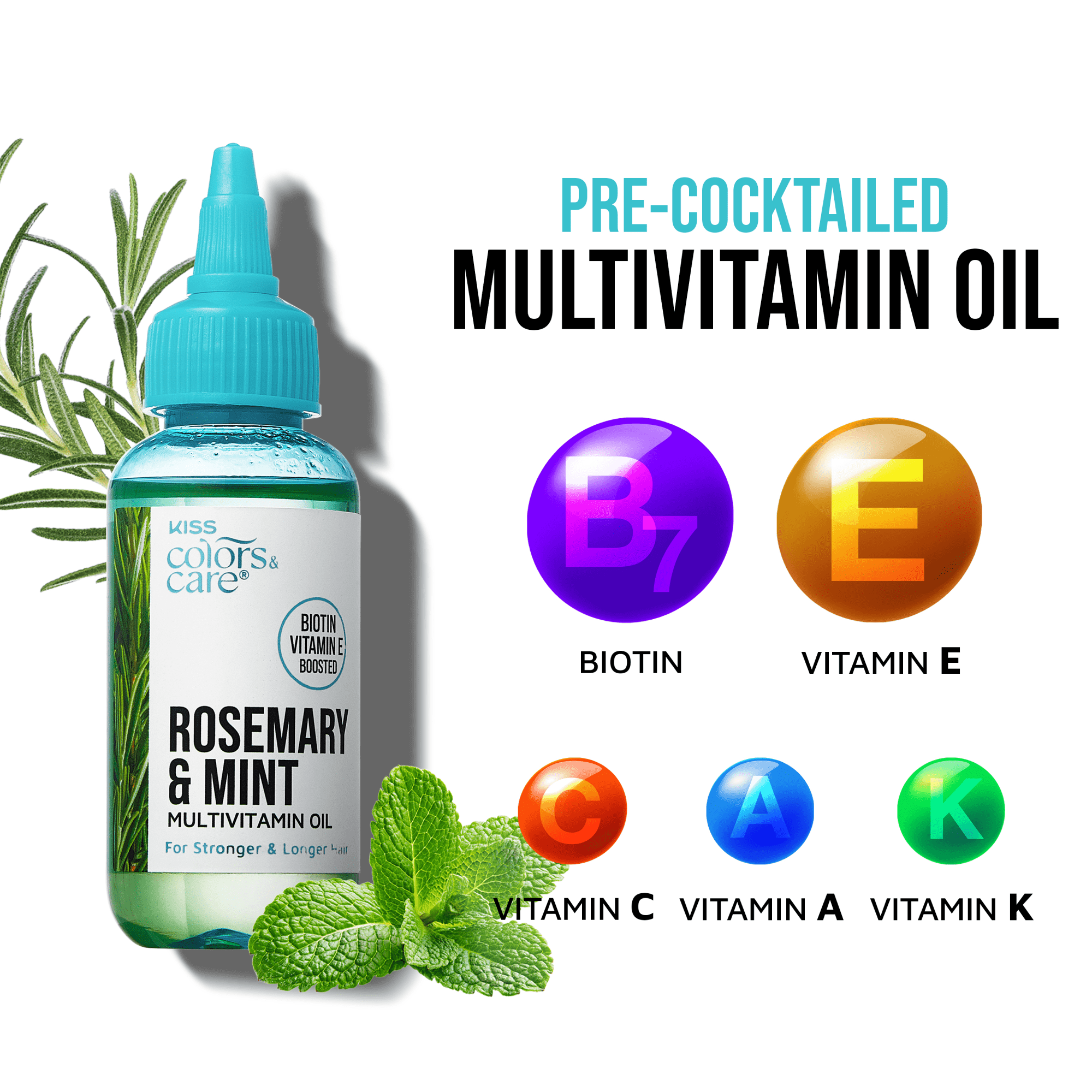 KISS Colors &amp; Care Rosemary &amp; Mint multivitamin oil bottle with rosemary sprig and mint leaves, highlighting biotin and vitamins A, C, E, K.