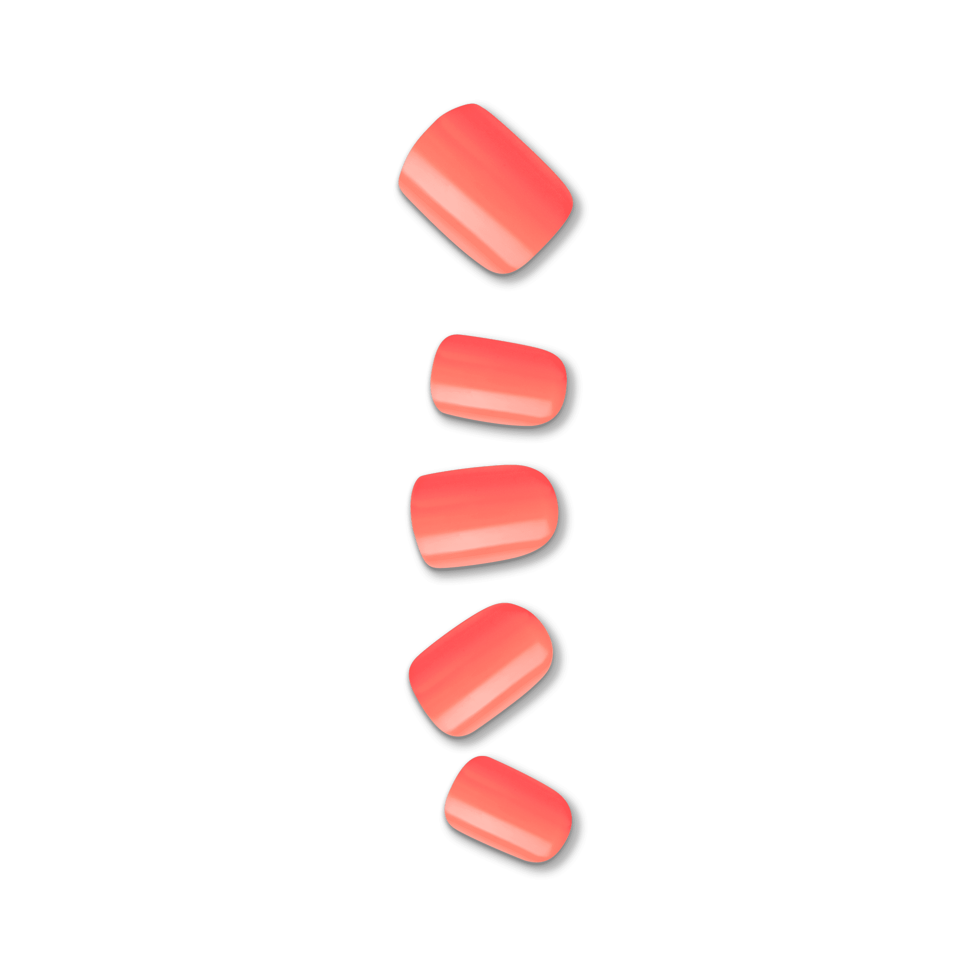 Five coral-pink press-on nail tips arranged vertically.