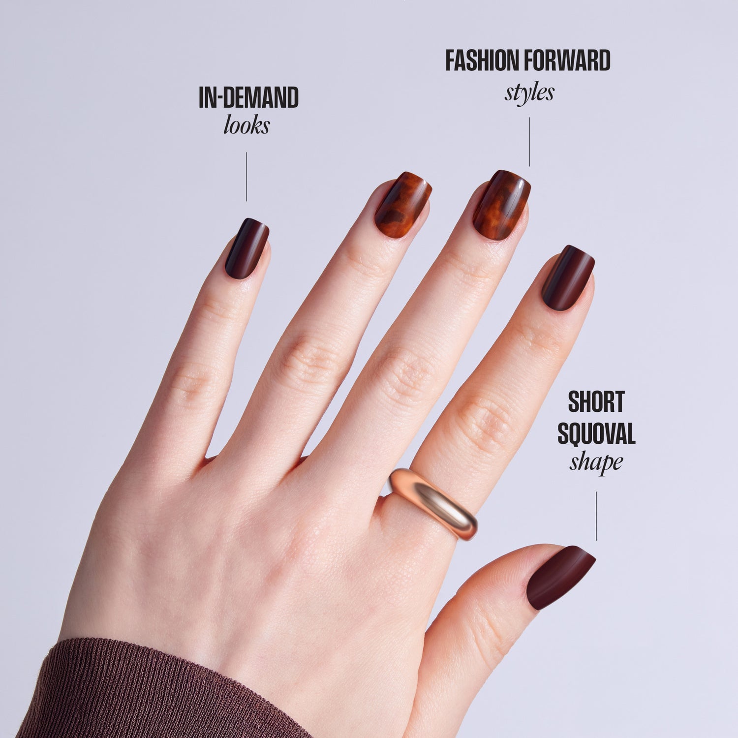 Kiss Core Design Press On Fake Glue Nails - Fallen For You | French Design, Brown, Short, Squoval