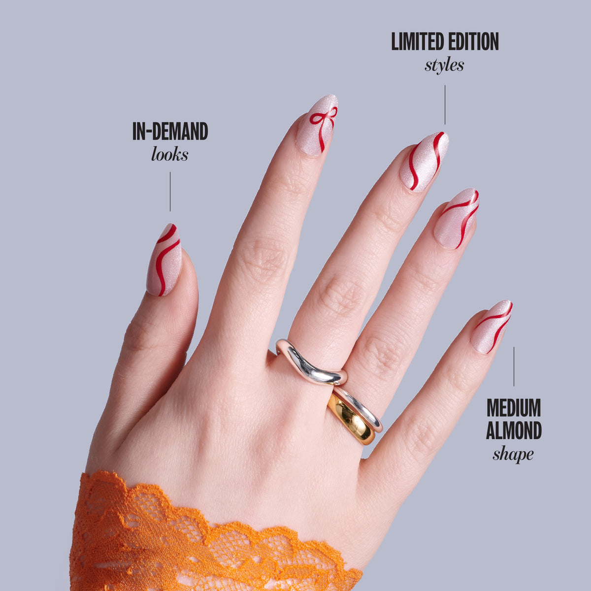 Kiss Merry Holiday Press On Fake Glue Nails - Shimmer Season | Design, Red, Medium, Almond