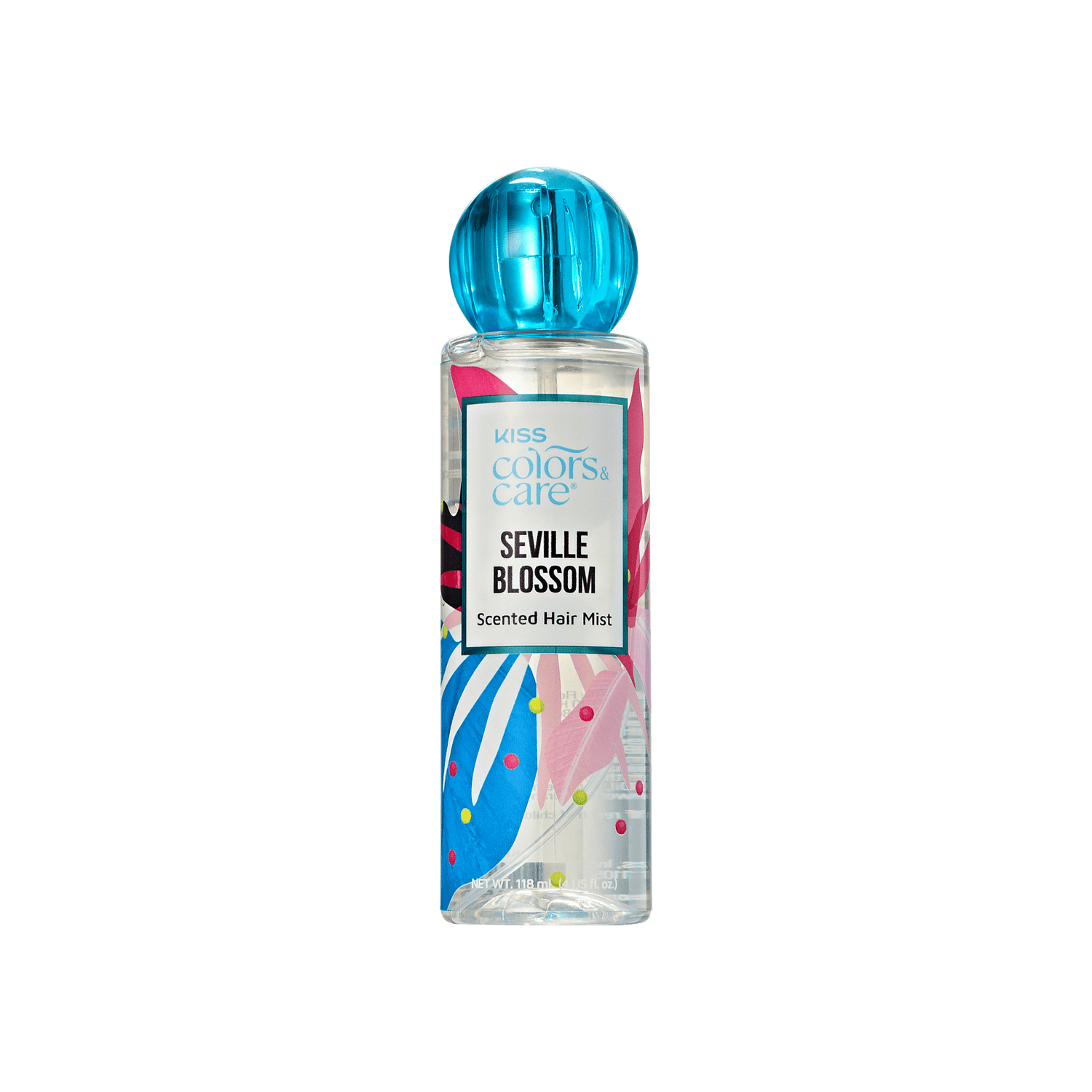 Clear plastic bottle with a blue spherical cap, decorated with colorful abstract leaves, labeled "KISS Colors &amp; Care Seville Blossom Scented Hair Mist."