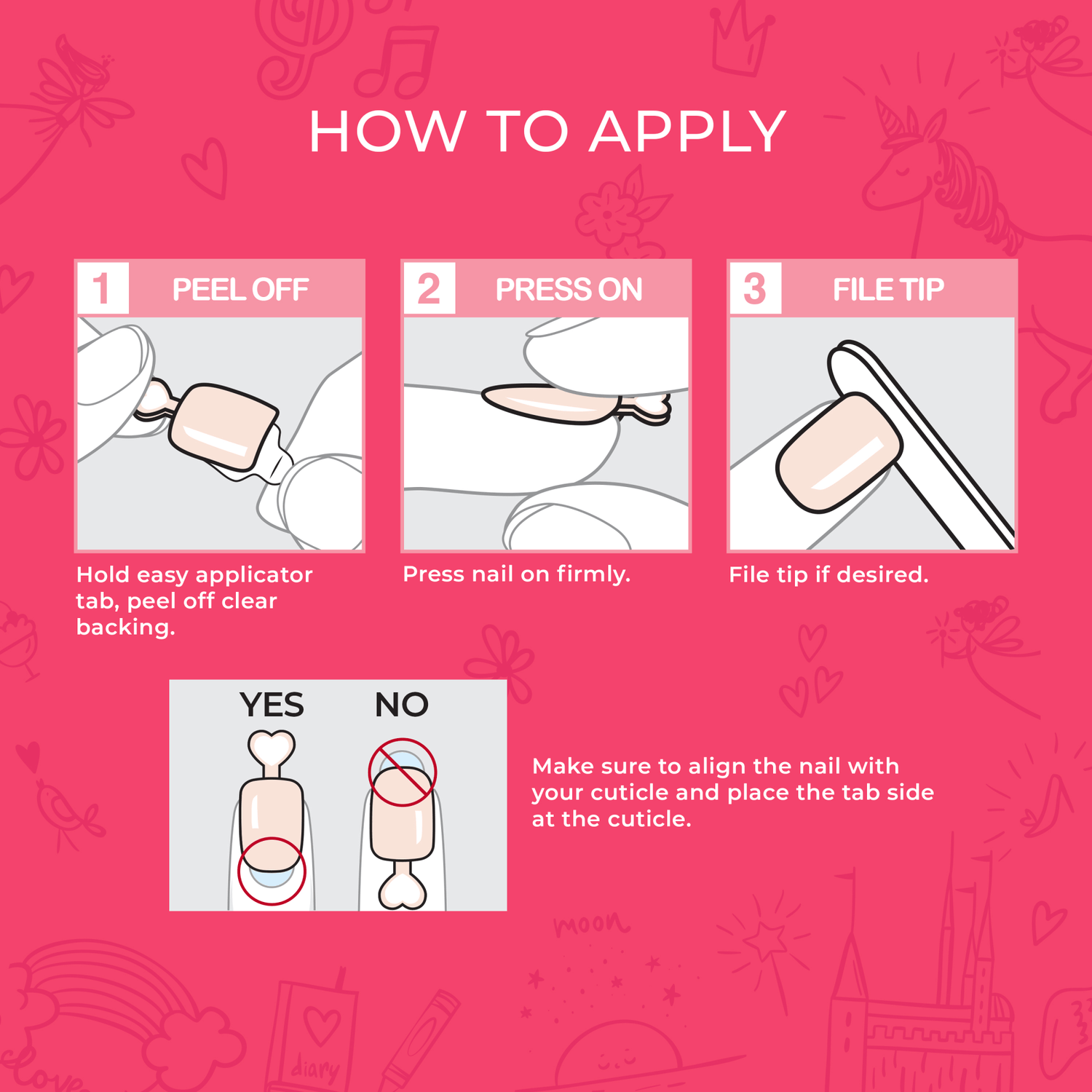 Press-on nail application instructions: peel off, press on, file tip.