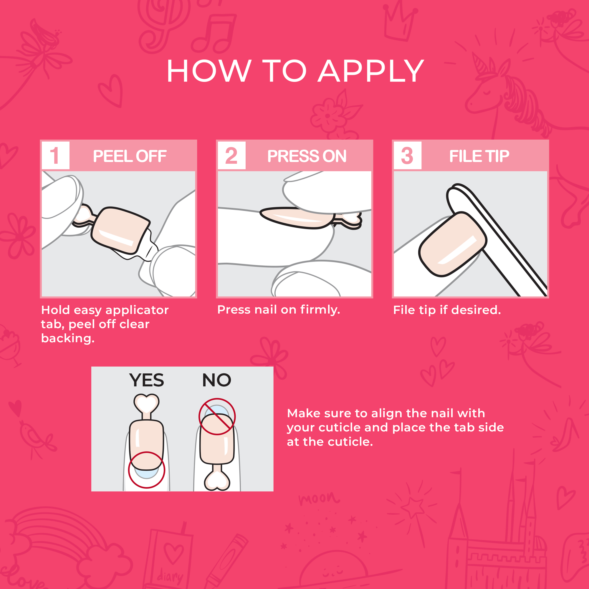 Press-on nail application instructions: peel off, press on, file tip.
