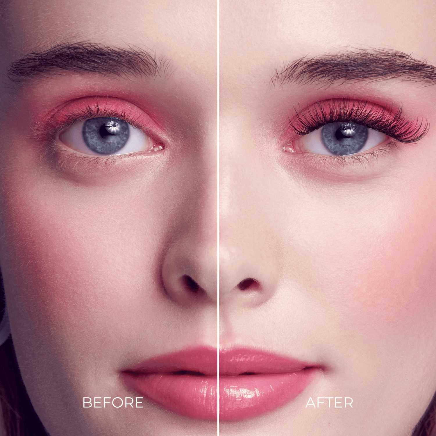 Before and after beauty makeup comparison showing eye and lip enhancement.