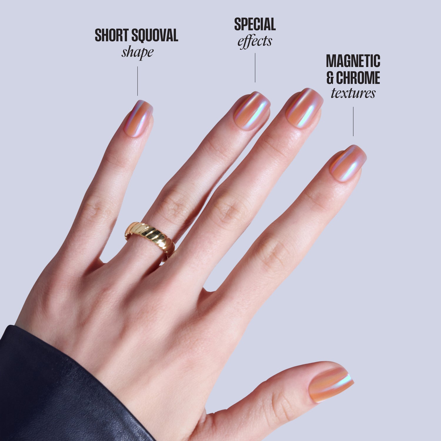 Manicured nails displaying short squoval shape, special effects, and magnetic chrome textures.