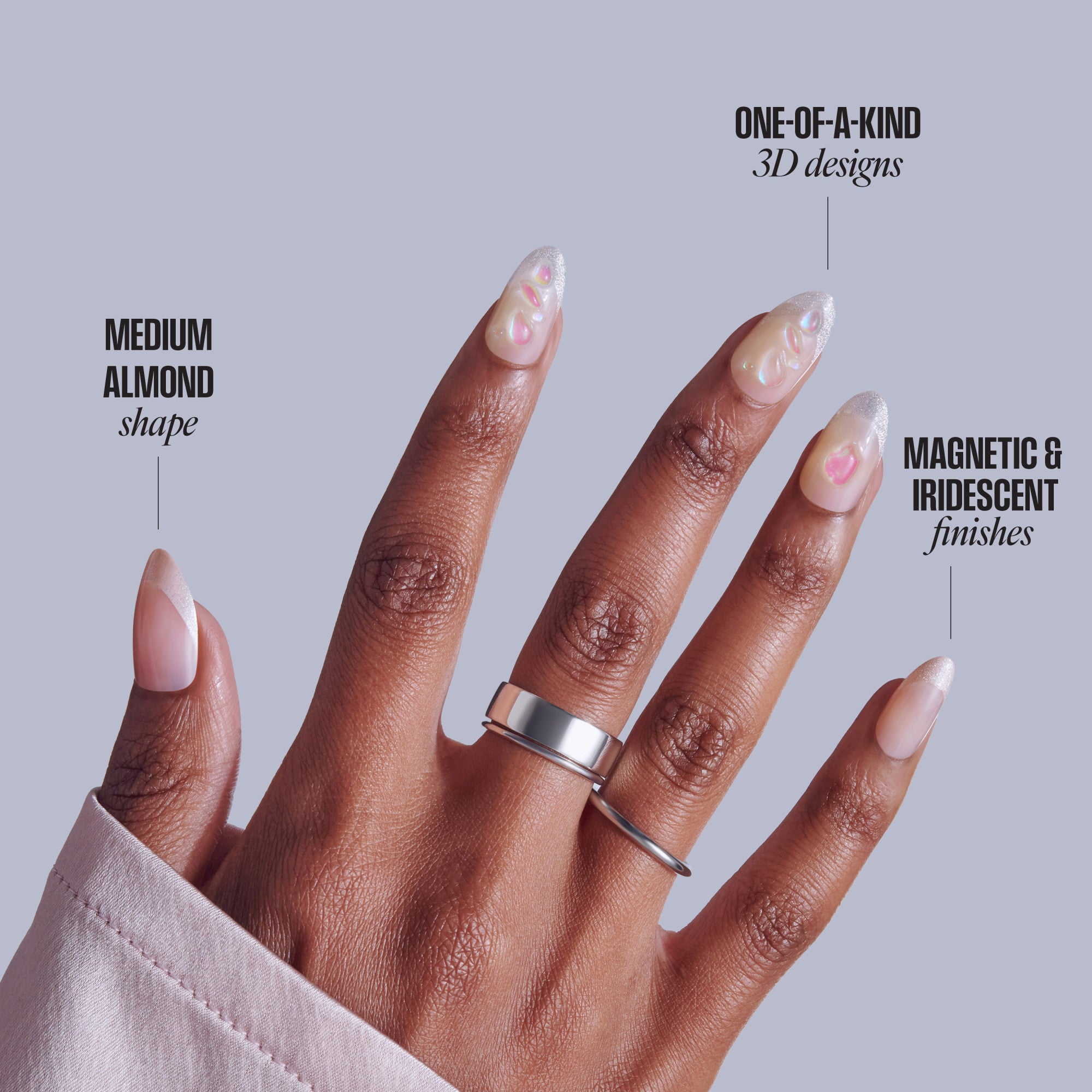 Medium almond acrylic nails with magnetic iridescent finish and 3D designs.