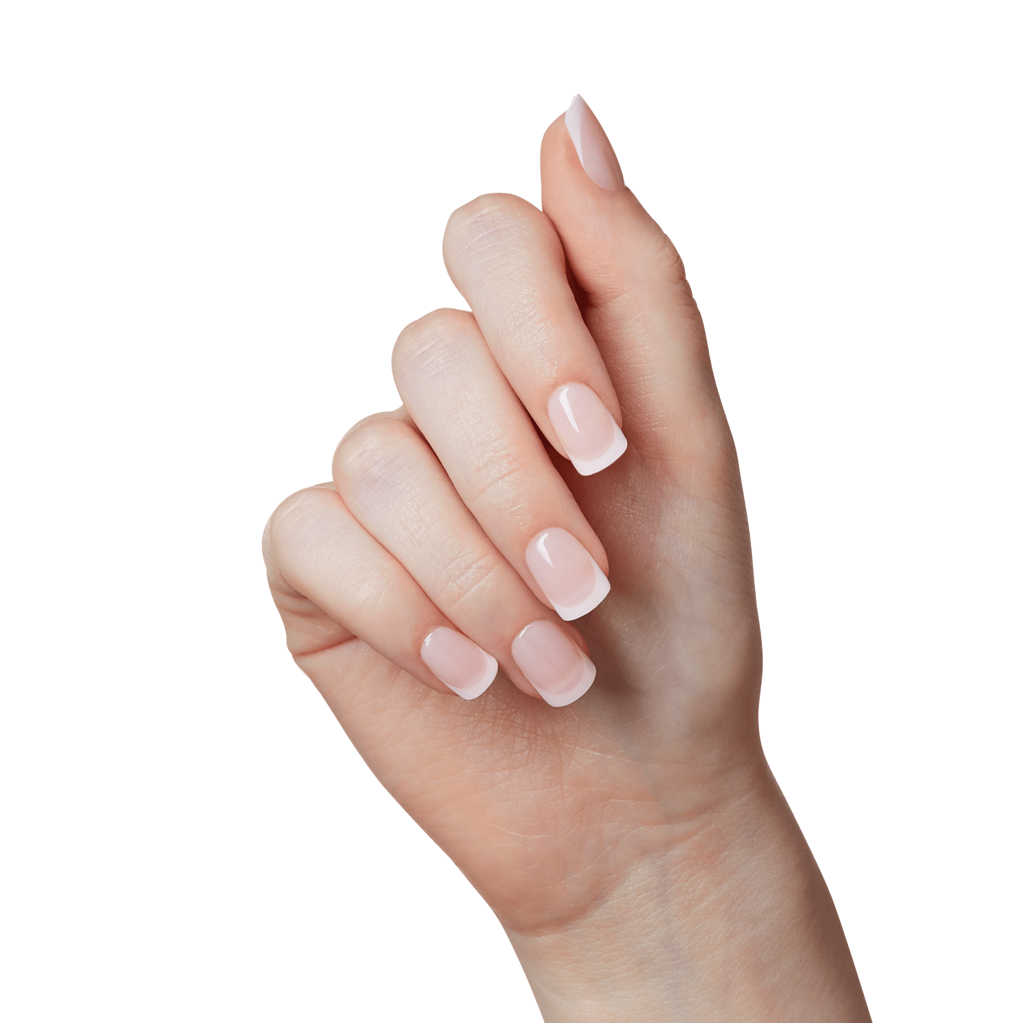 Hand with neatly manicured French press-on nails in soft pink with white tips, showing a natural and polished look.