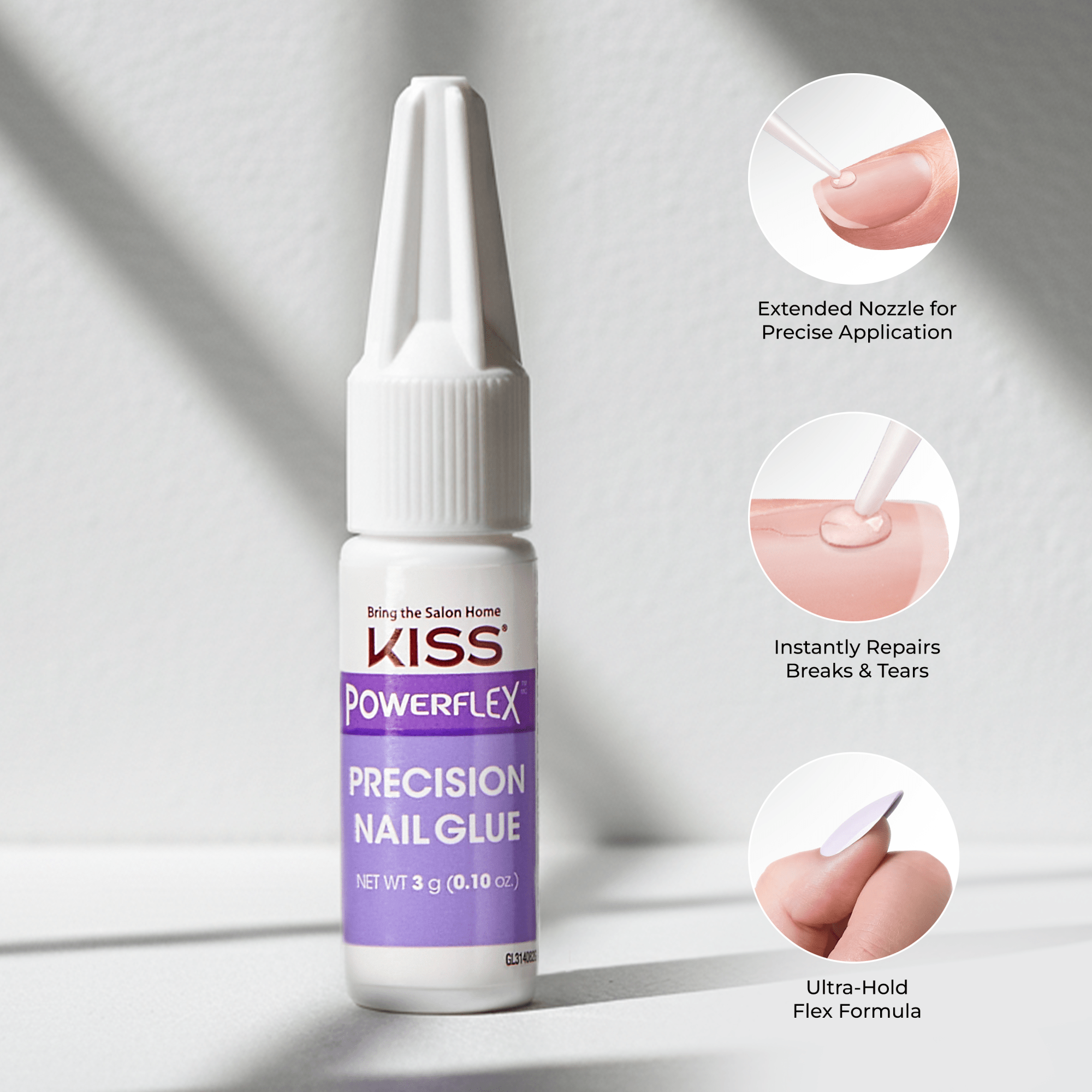 Small white bottle of KISS PowerFlex Precision Nail Glue with a purple label, shown alongside text highlighting an extended nozzle for precise application, instant repair of breaks and tears, and an ultra-hold flex formula.