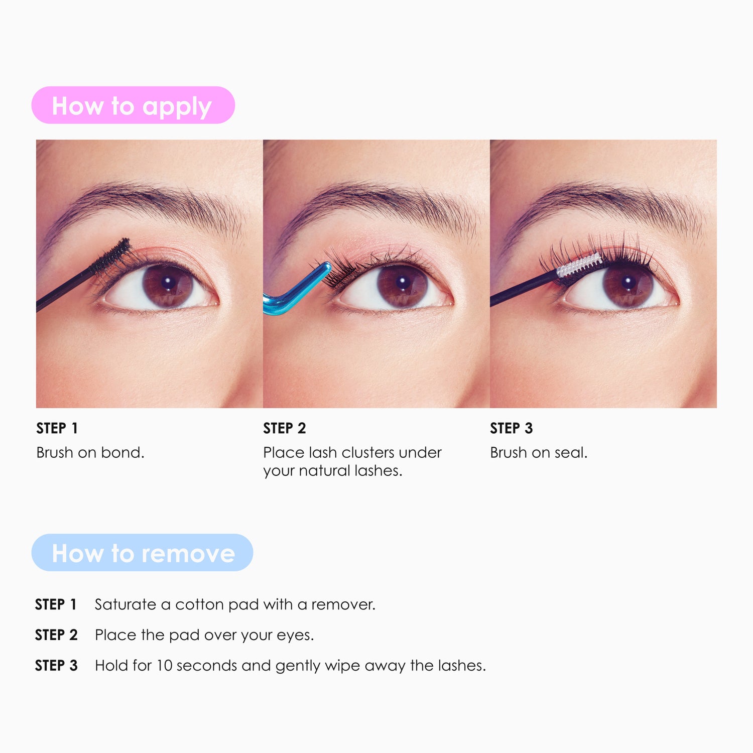 Close-up of an eye demonstrating three-step application of lashes: brushing bond, placing lash clusters under natural lashes with tweezers, and brushing on seal. Instructions below explain using remover with a cotton pad to gently wipe lashes off.