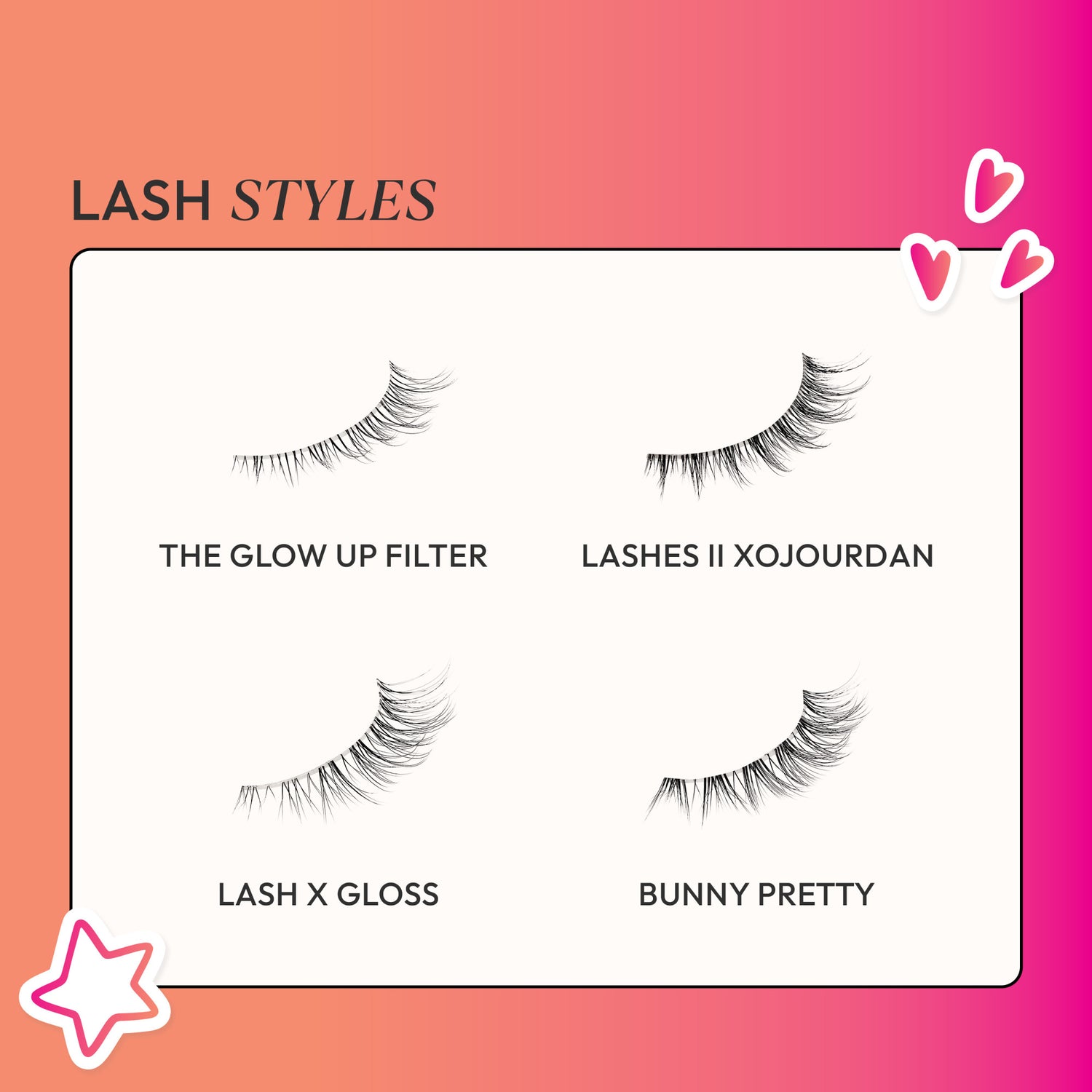 Four styles of black false lashes displayed on a light rectangle with a pink-orange gradient background, labeled: The Glow Up Filter, Lashes II XOJOURDAN, Lash x Gloss, and Bunny Pretty.