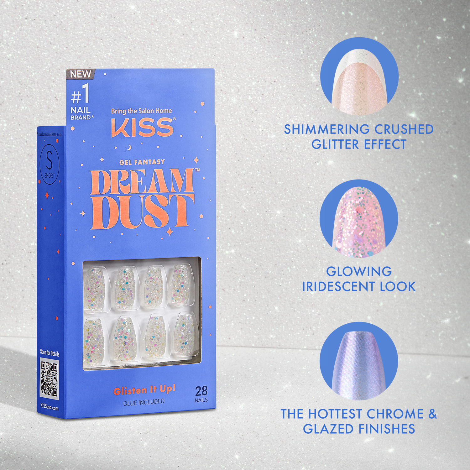 Blue rectangular box packaging of KISS Gel Fantasy Dreamdust press-on nails showing 28 short-length nails with a shimmering crushed glitter effect. Text highlights glowing iridescent look and chrome and glazed finishes. Glue included.