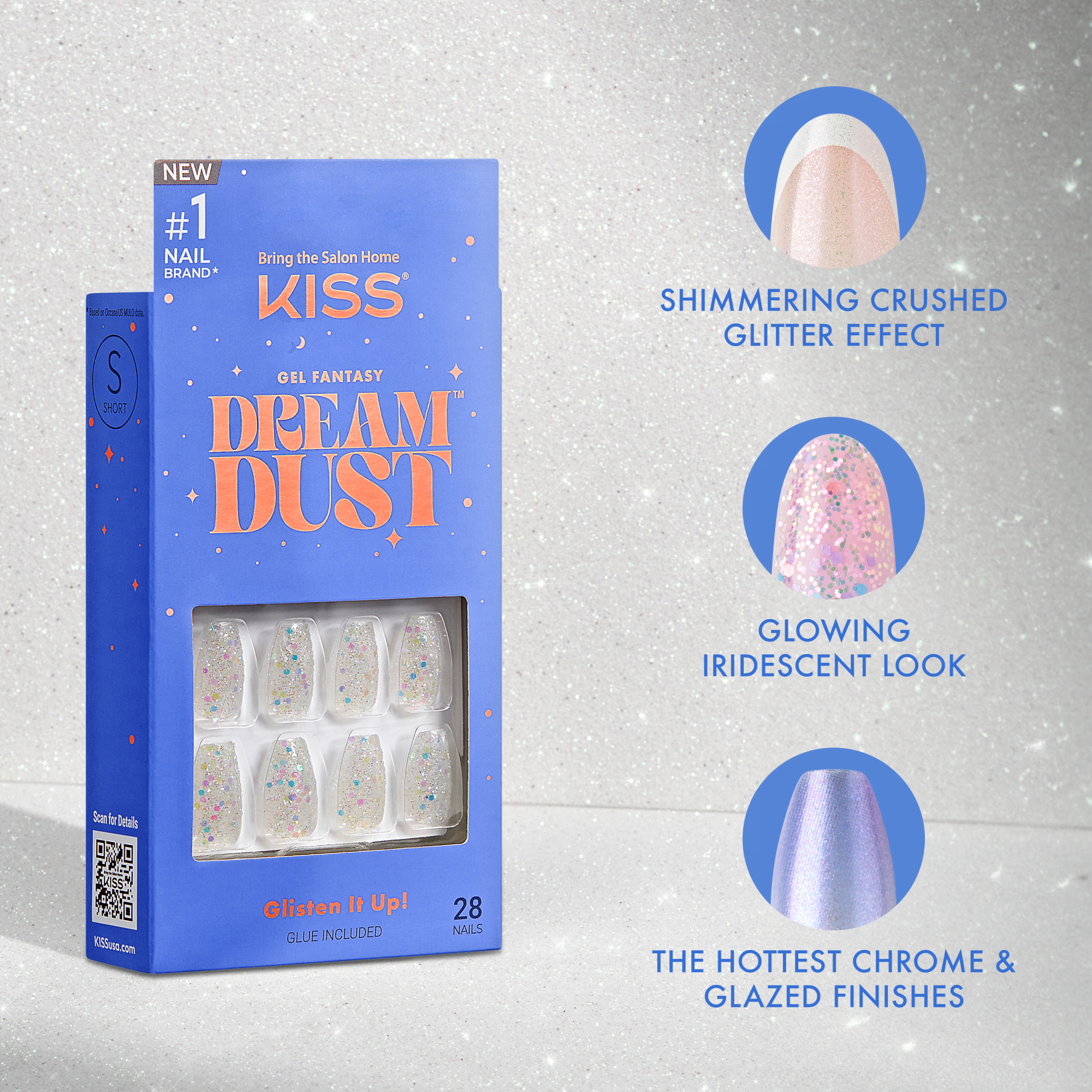 Blue rectangular box packaging of KISS Gel Fantasy Dreamdust press-on nails showing 28 short-length nails with a shimmering crushed glitter effect. Text highlights glowing iridescent look and chrome and glazed finishes. Glue included.