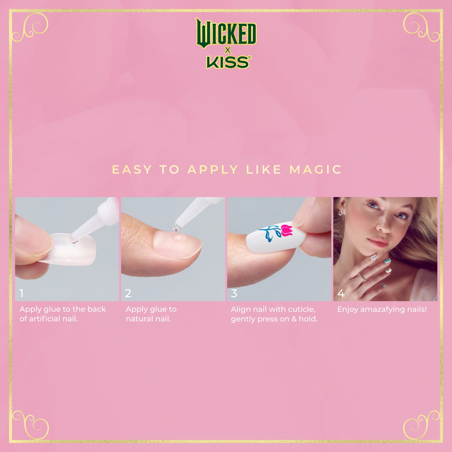 Pink instructional graphic for WICKED x KISS artificial nails, showing steps: applying glue to artificial nail and natural nail, aligning and pressing on nail with floral design, and a woman showcasing finished nails. Text reads \