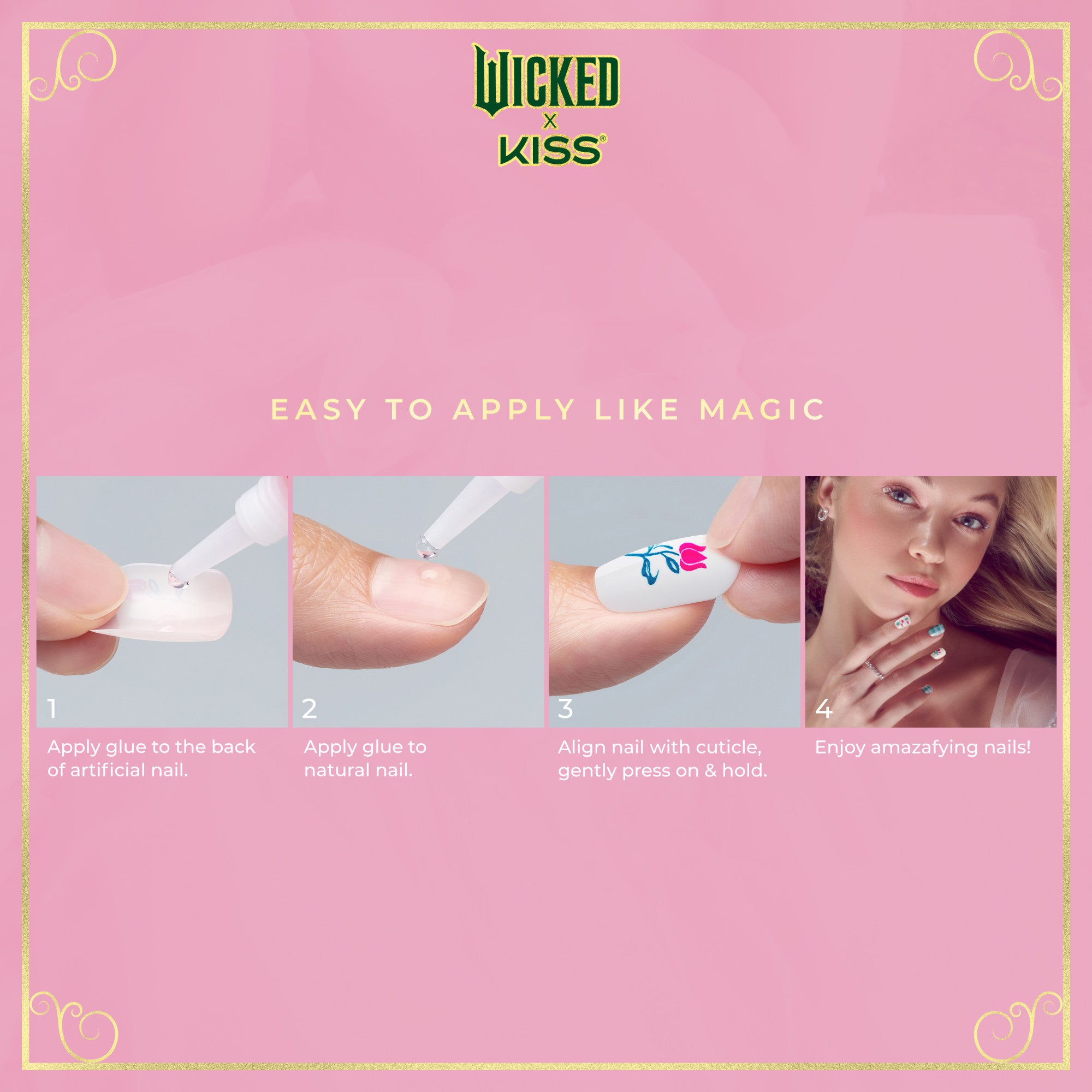 Pink instructional graphic for WICKED x KISS artificial nails, showing steps: applying glue to artificial nail and natural nail, aligning and pressing on nail with floral design, and a woman showcasing finished nails. Text reads \