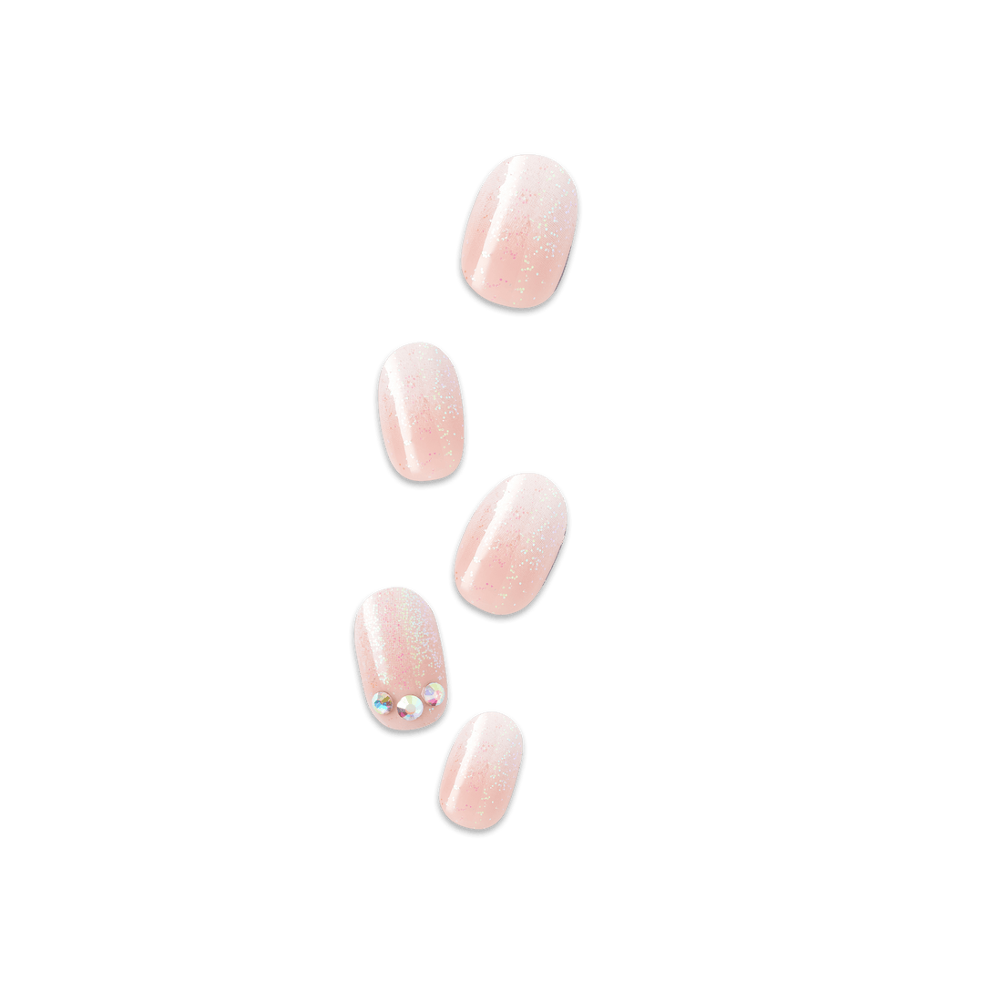 Five oval press-on nails in soft pink glitter with rhinestone accent on one nail.
