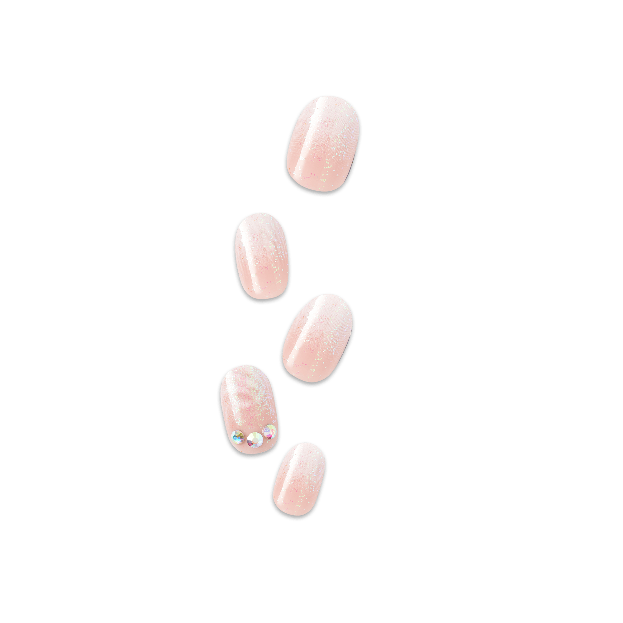 Five oval press-on nails in soft pink glitter with rhinestone accent on one nail.