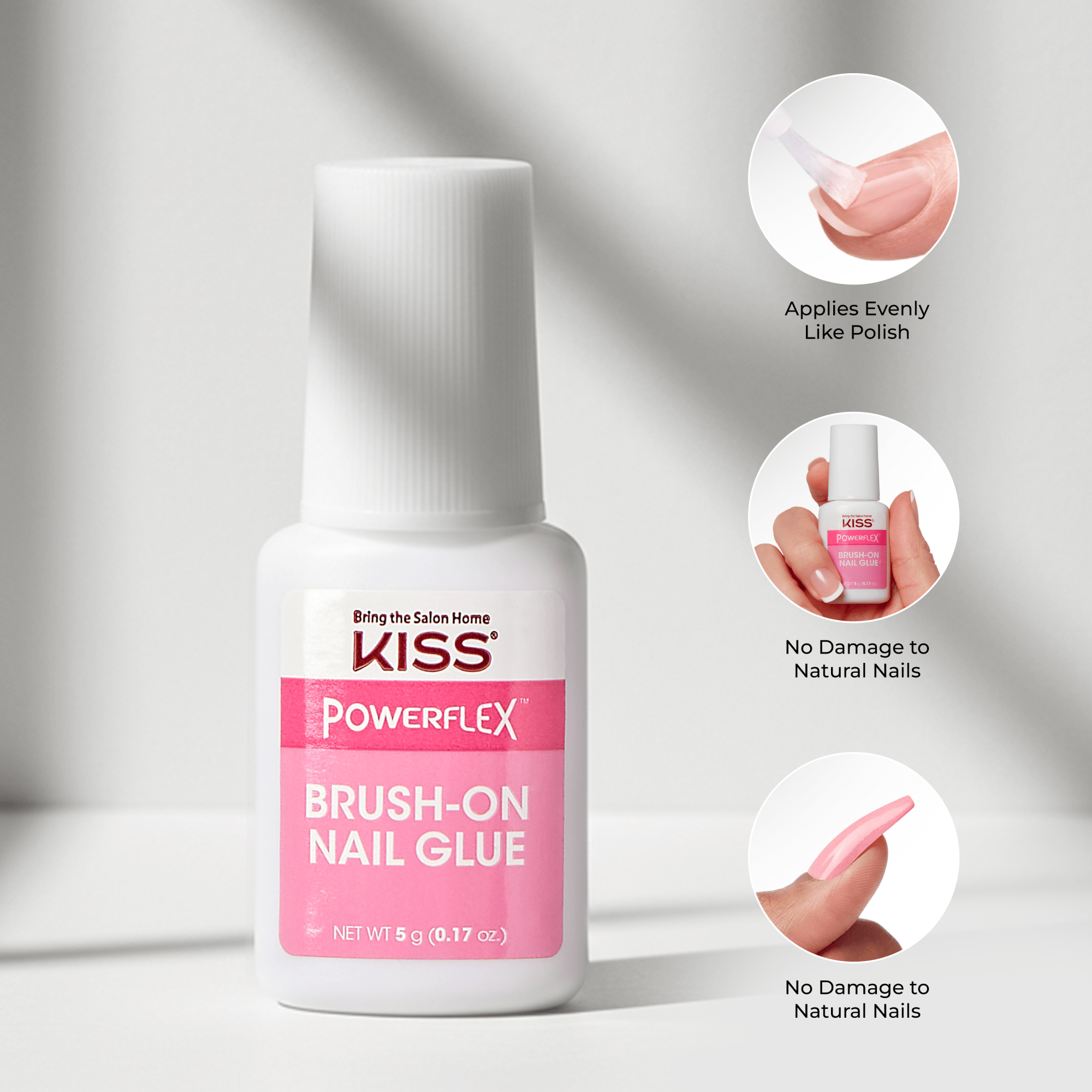 White and pink bottle of KISS PowerFlex Brush-On Nail Glue with label details; inset images show brush applying glue, hand holding bottle, and long nail, highlighting even application and no damage to natural nails.