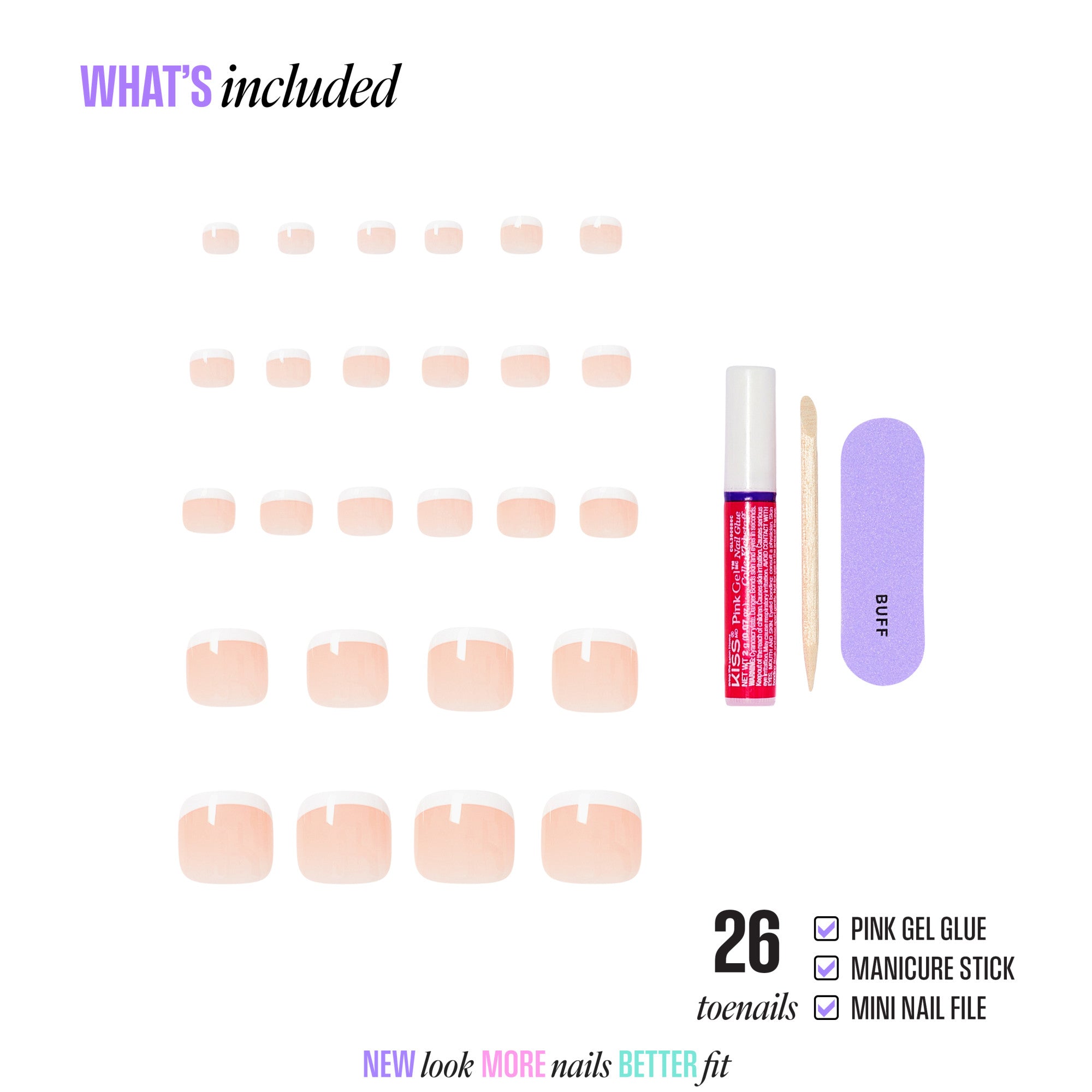 26 nude gel press-on toenails with glue, manicure stick, and nail file included.