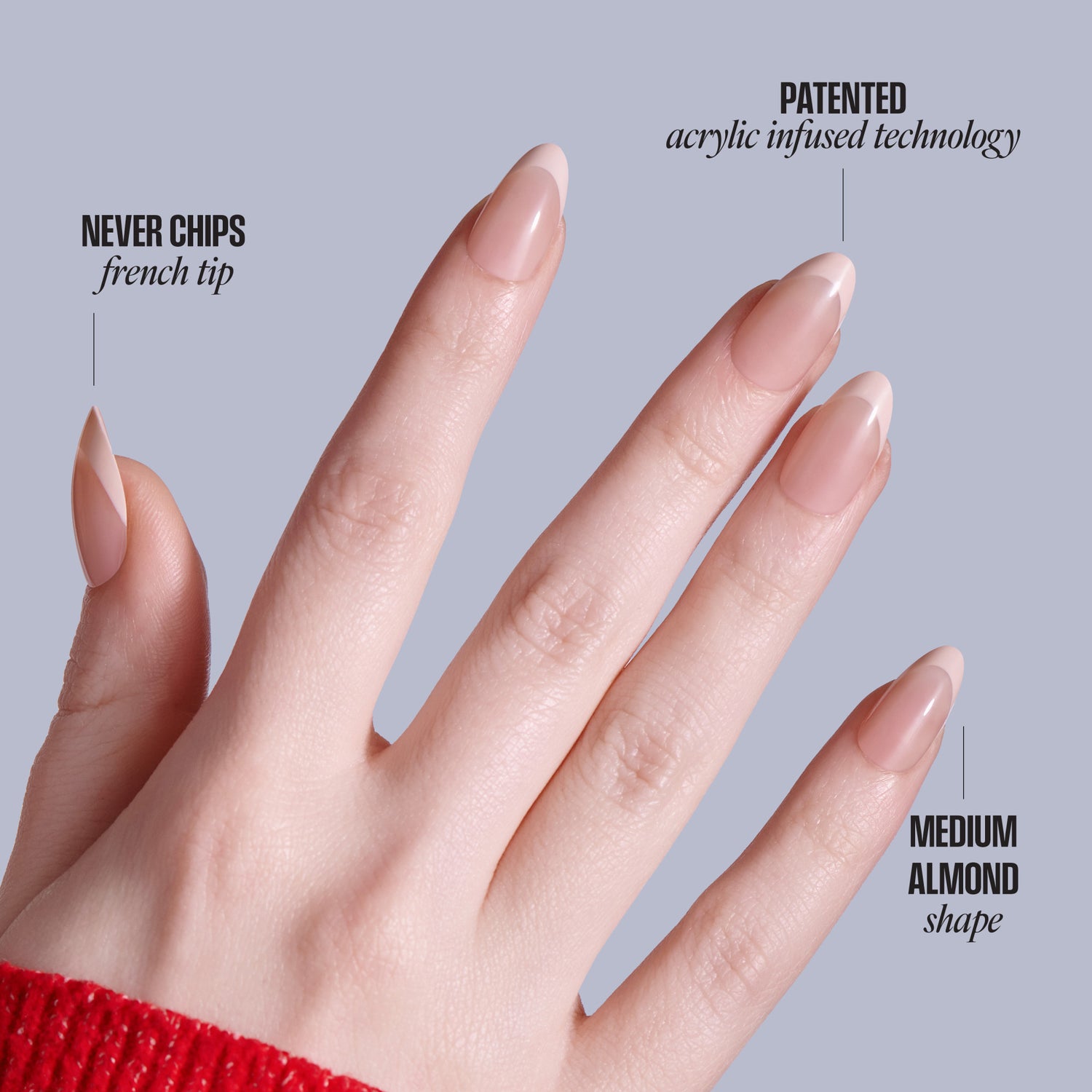 Acrylic French tip nails with patented acrylic-infused technology, medium almond shape, never chips.