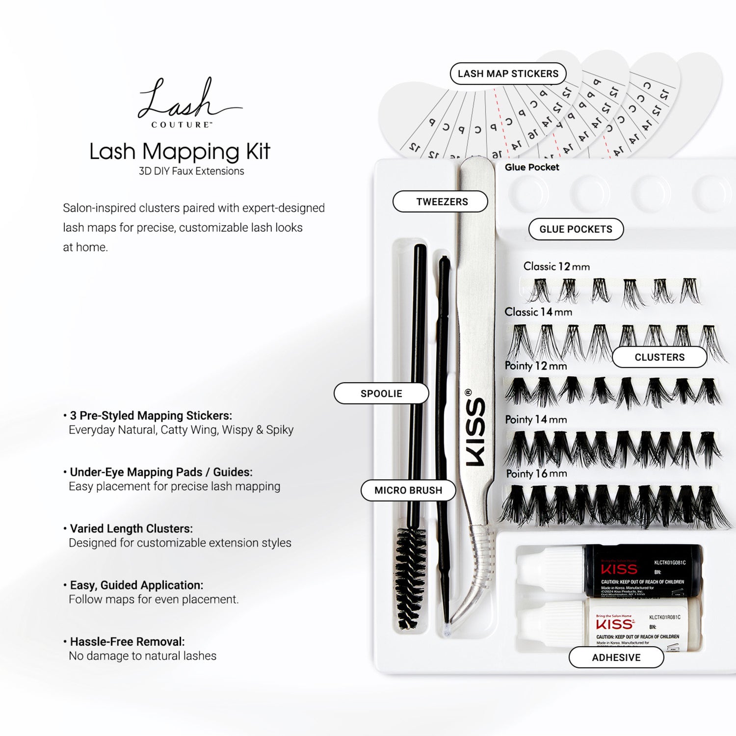 Lash Mapping Kit contents: stickers, tweezers, spoolie, micro brush, clusters, glue pockets, adhesive.