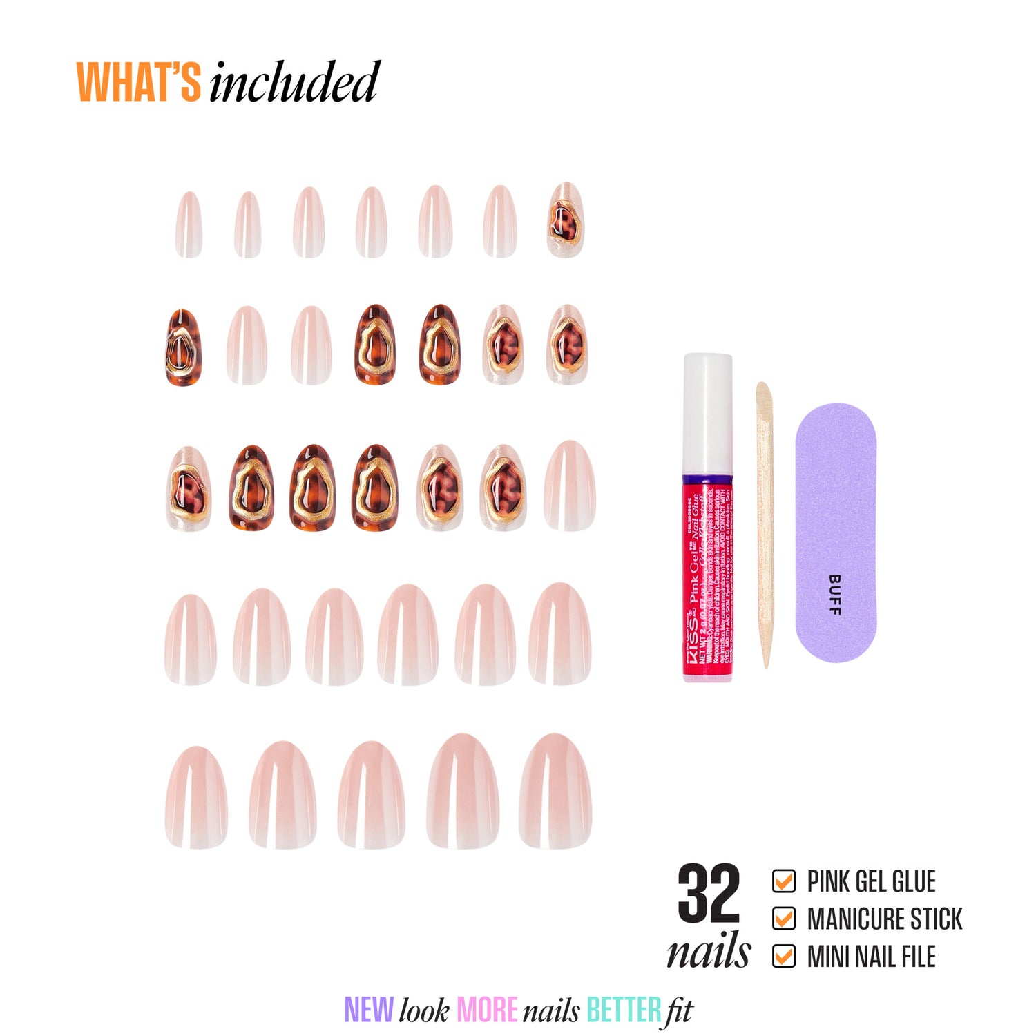 32 press-on nails with tortoiseshell and nude designs, includes gel glue, manicure stick, and file.