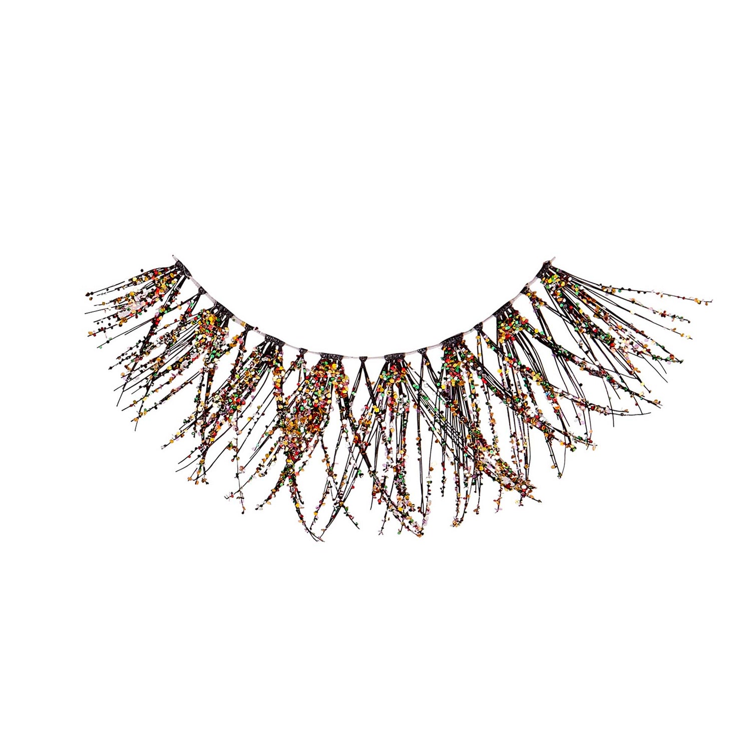 Black false eyelash with long, spiky strands decorated with dense, colorful glitter specks in orange, green, gold, red, and silver.