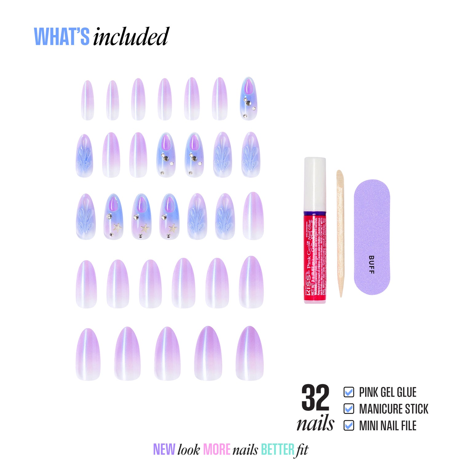 32 purple ombre press-on nails with gel glue, manicure stick, and nail file included.