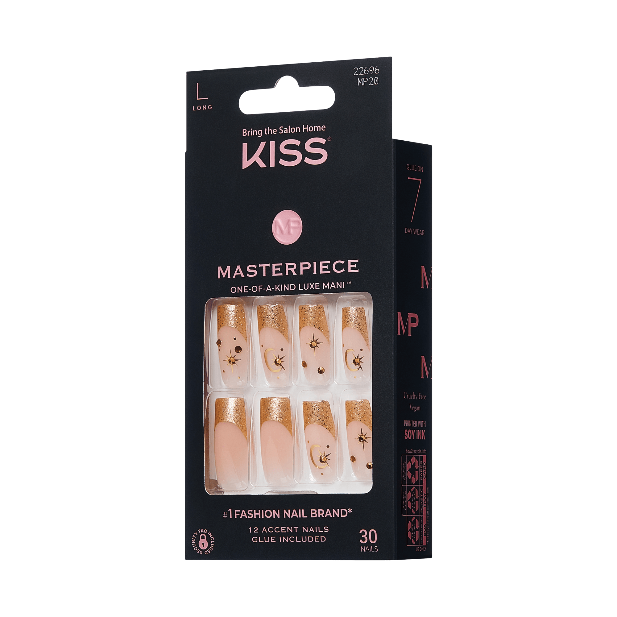 KISS Masterpiece press-on nails, 30 pack, nude with gold glitter and floral accents