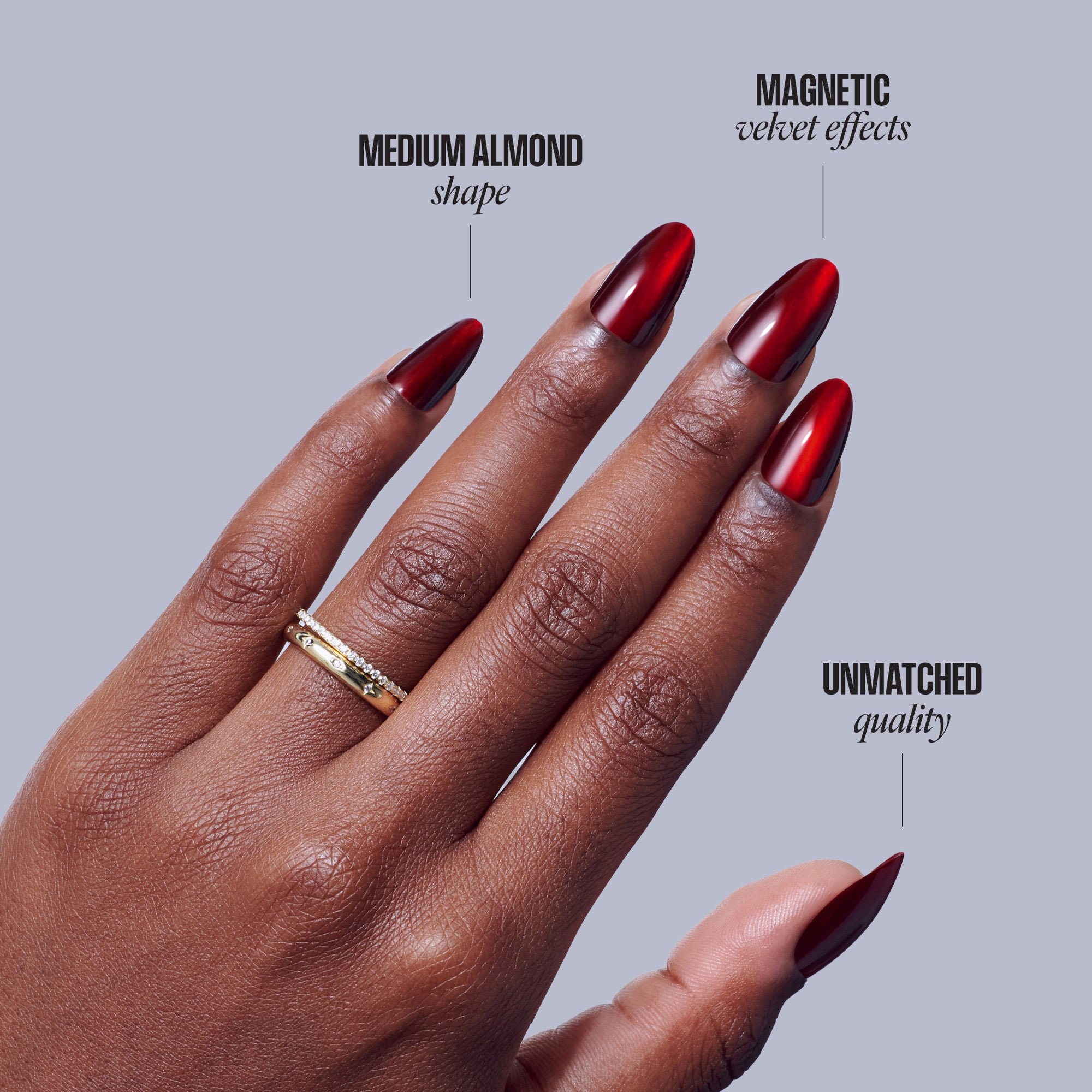 Red magnetic velvet nail polish on medium almond nails with unmatched quality demonstration.