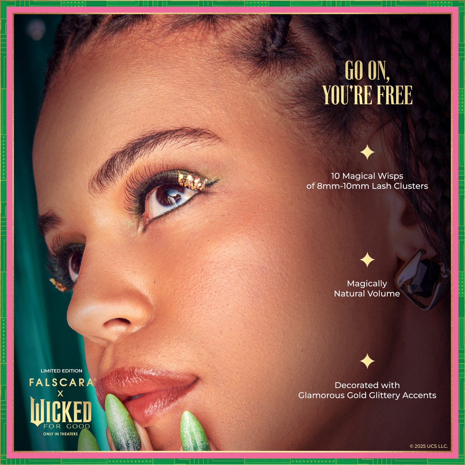 Close-up of a person with gold glittery eyelash clusters, green eyeshadow, and green nails. Text highlights 10 lash clusters, natural volume, and glamorous gold glitter accents. Headline reads \