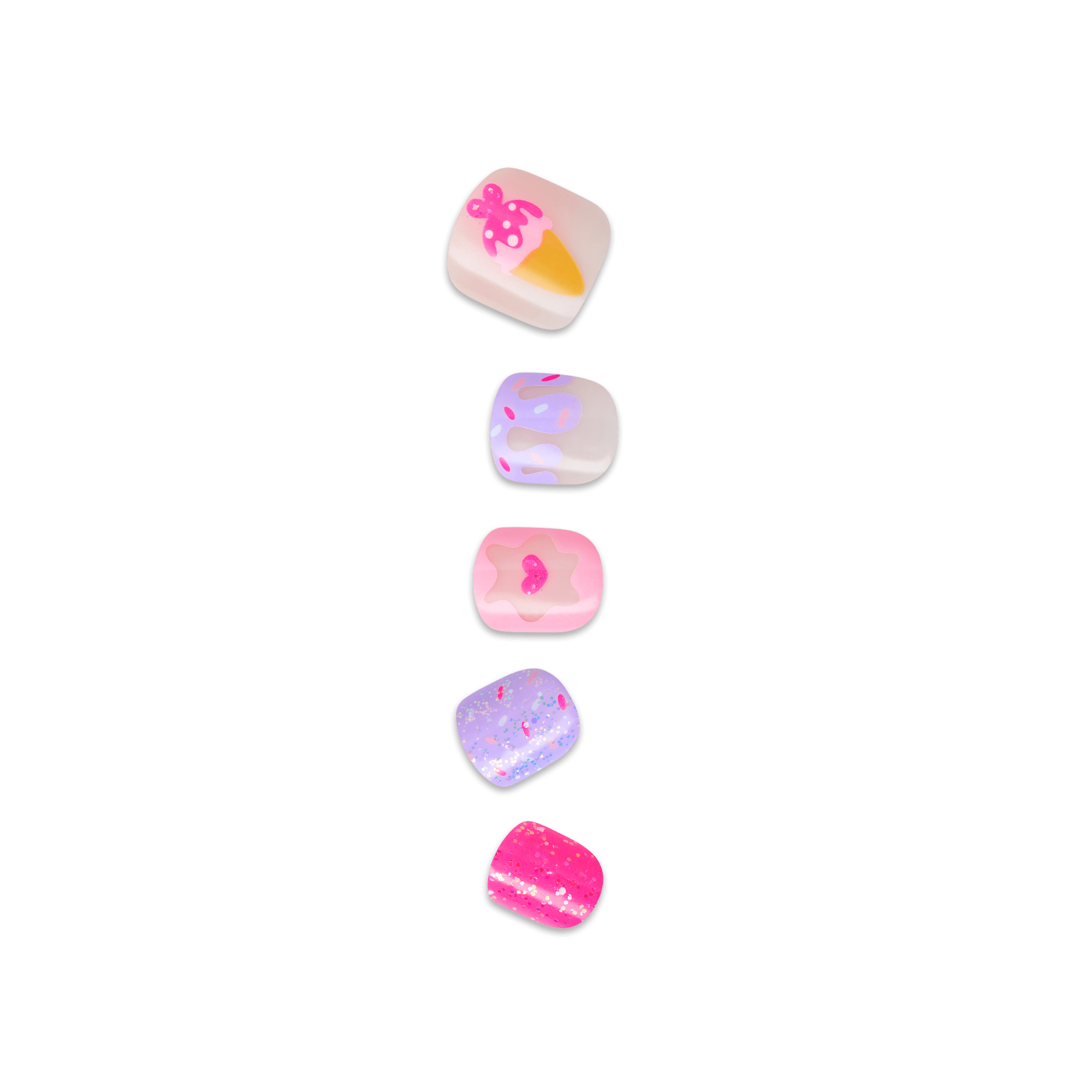 Five colorful dessert icons on nails 