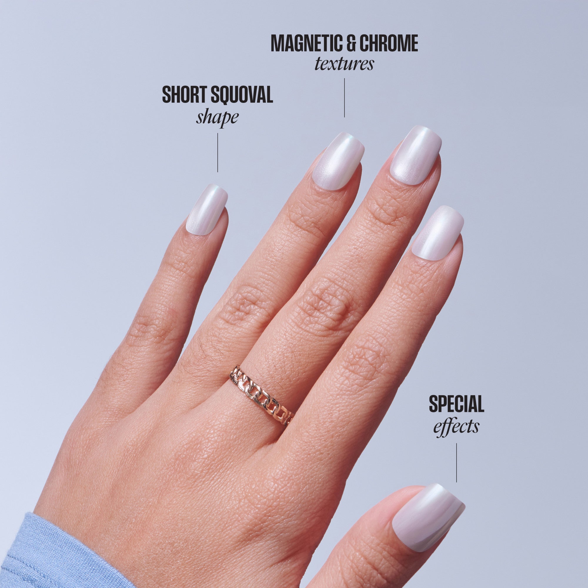Short squoval nails with magnetic chrome polish and special effects demonstration.