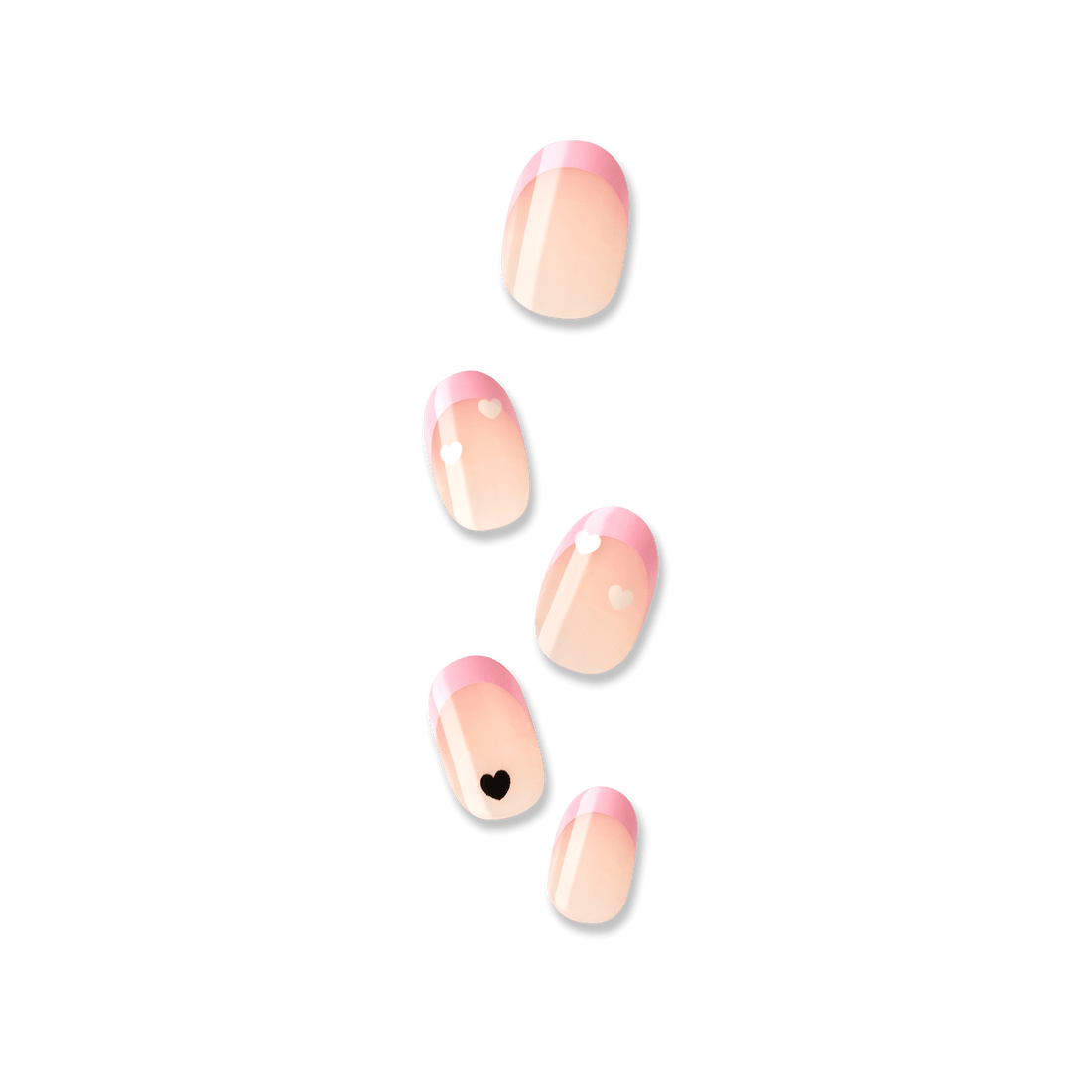 Set of five press-on nails with a soft pink French tip design, featuring small heart details in white and black on two nails.