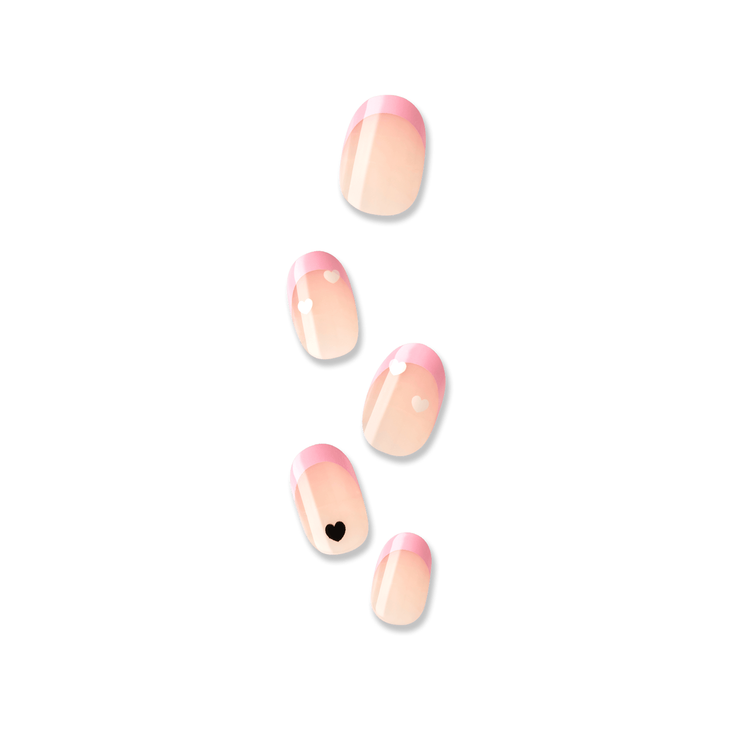 Set of five press-on nails with a soft pink French tip design, featuring small heart details in white and black on two nails.