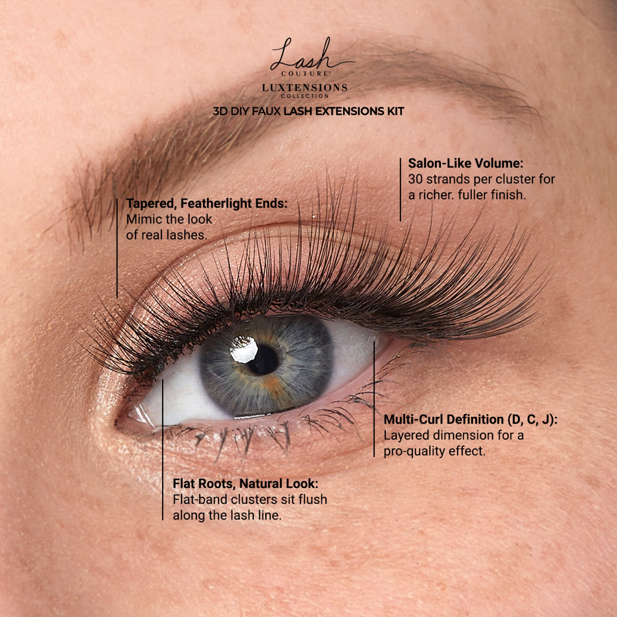 Lash Couture Luxtensions 3D DIY Faux Lash Extensions Kit with tapered ends and flat roots.