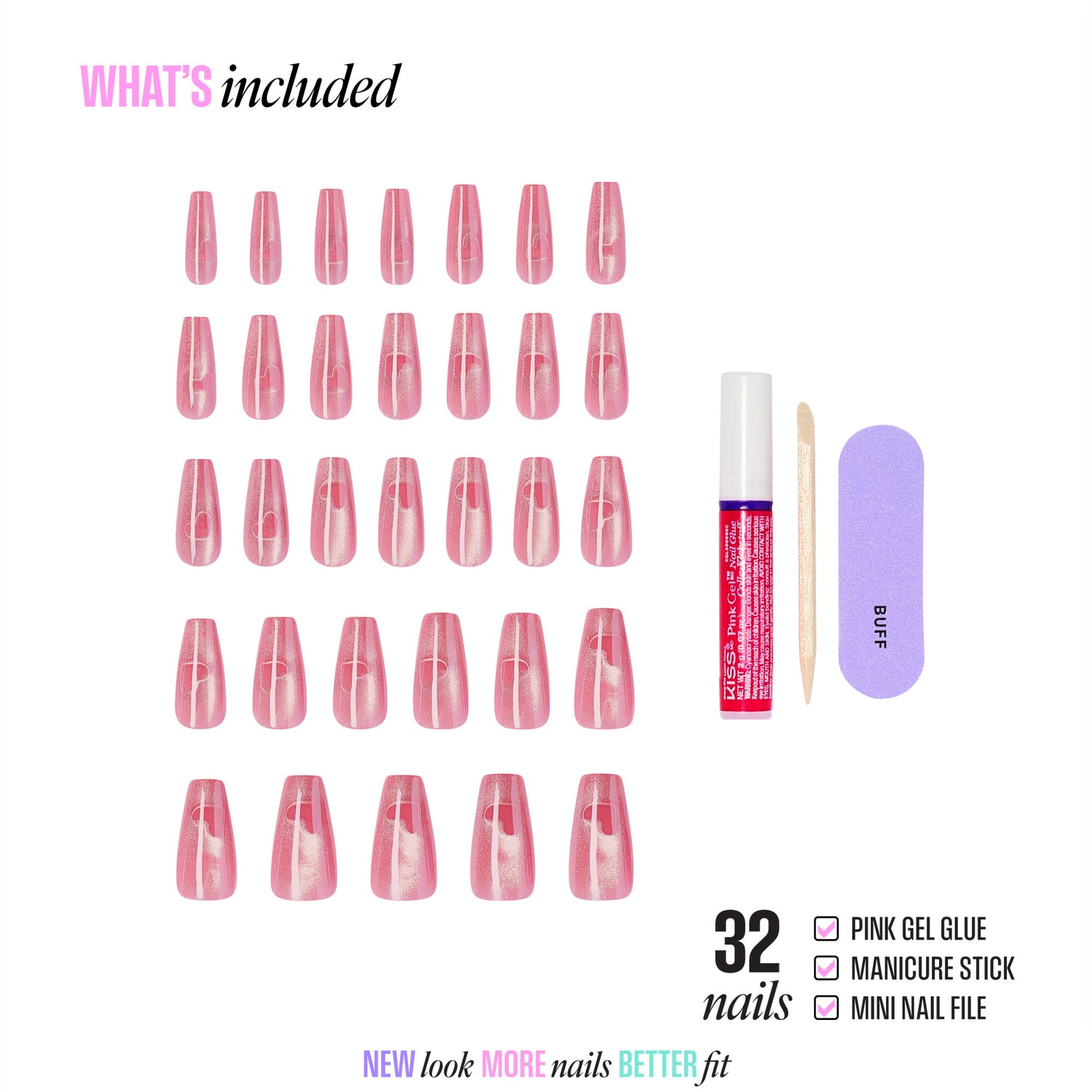 32 pink gel press-on nails with glue, manicure stick, and file included.