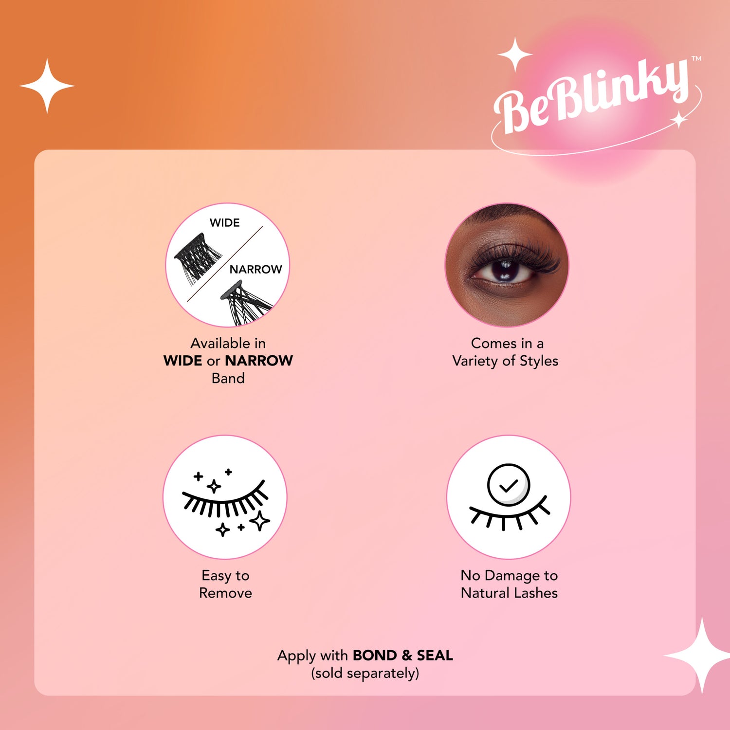 BeBlinky logo on pink-orange gradient background with icons showing lashes are available in wide or narrow bands, come in various styles, are easy to remove, and cause no damage to natural lashes. Text notes to apply with Bond &amp; Seal sold separately.
