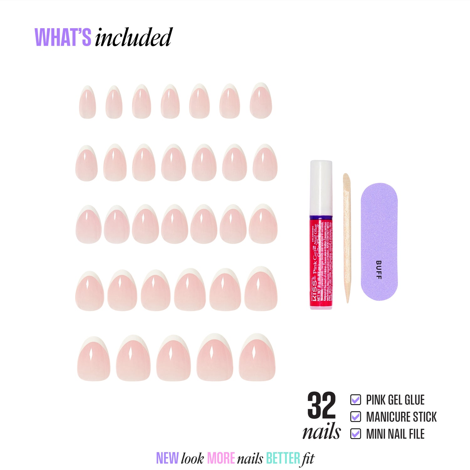 32 nude gel press-on nails with pink glue, manicure stick, and mini nail file included.