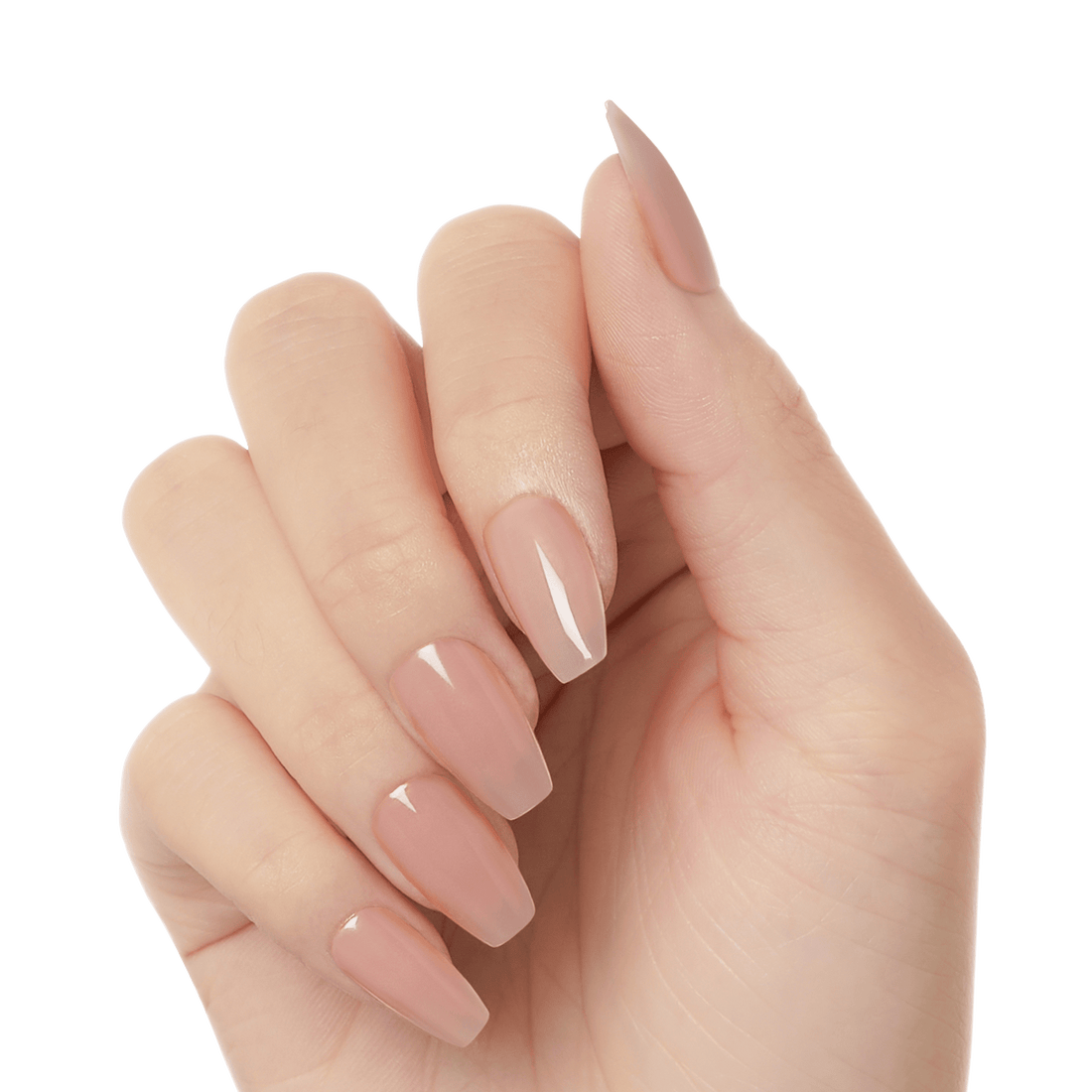 Hand with long, coffin-shaped press-on gel nails in soft nude beige shades, showing a natural glossy finish.