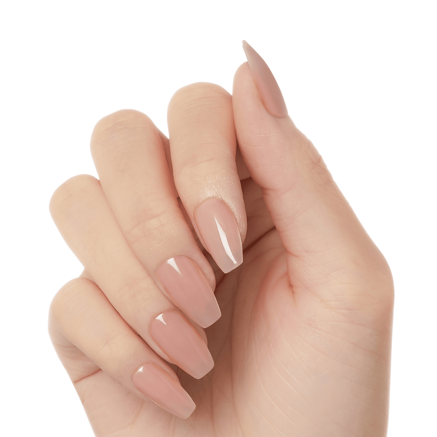 Hand with long, coffin-shaped press-on gel nails in soft nude beige shades, showing a natural glossy finish.