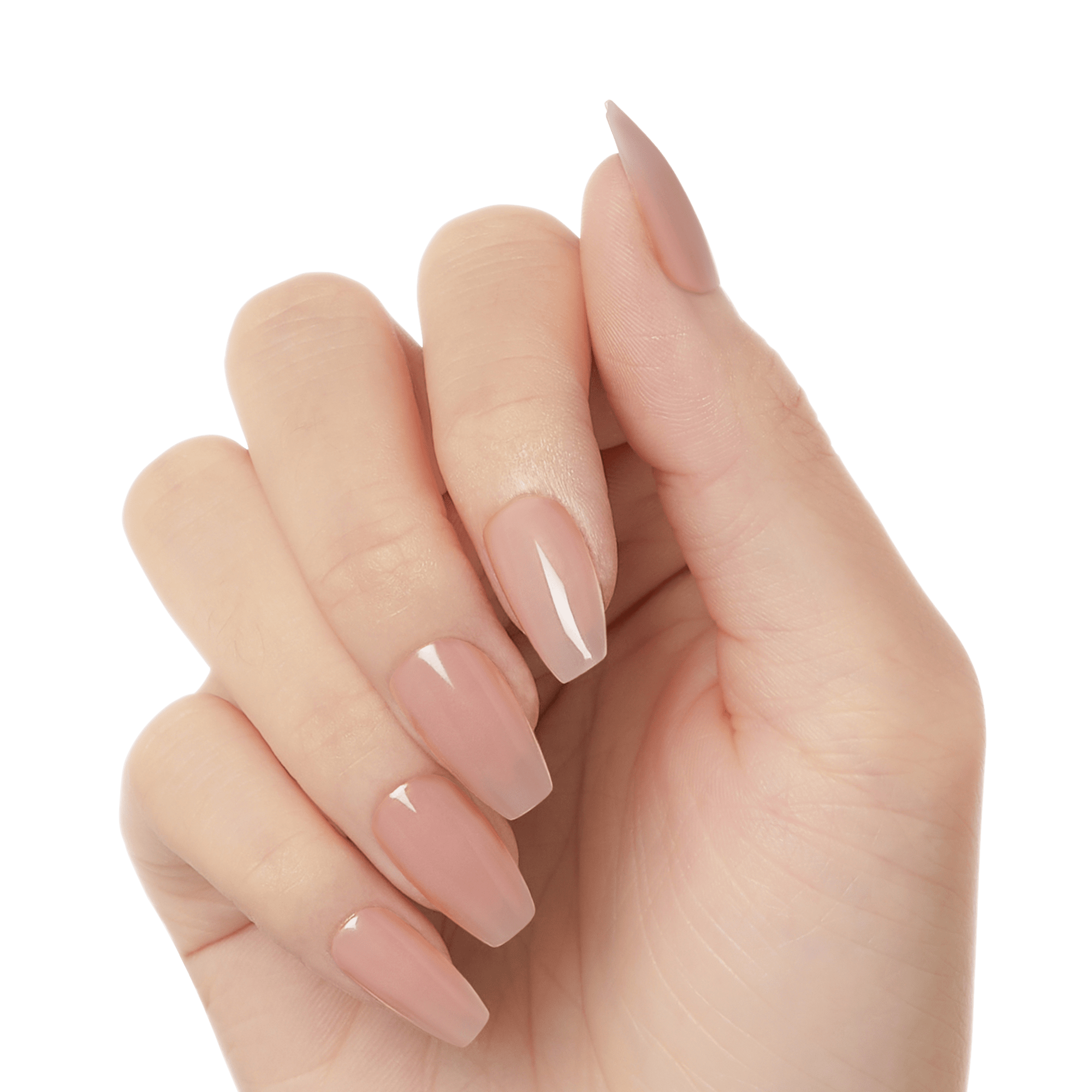 Hand with long, coffin-shaped press-on gel nails in soft nude beige shades, showing a natural glossy finish.