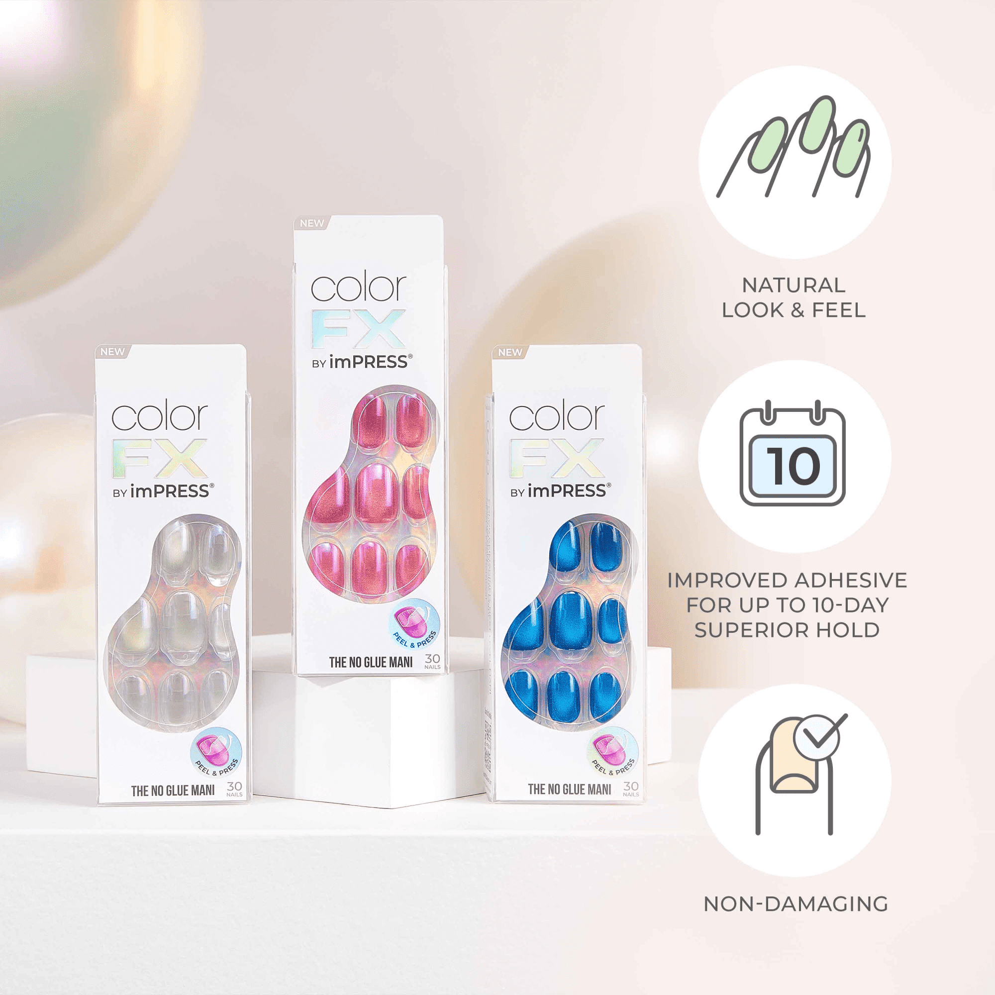 Three colorFX by imPRESS press-on nail packages in pearl, pink, and blue shades with key features: natural look, 10-day hold, and non-damaging formula.
