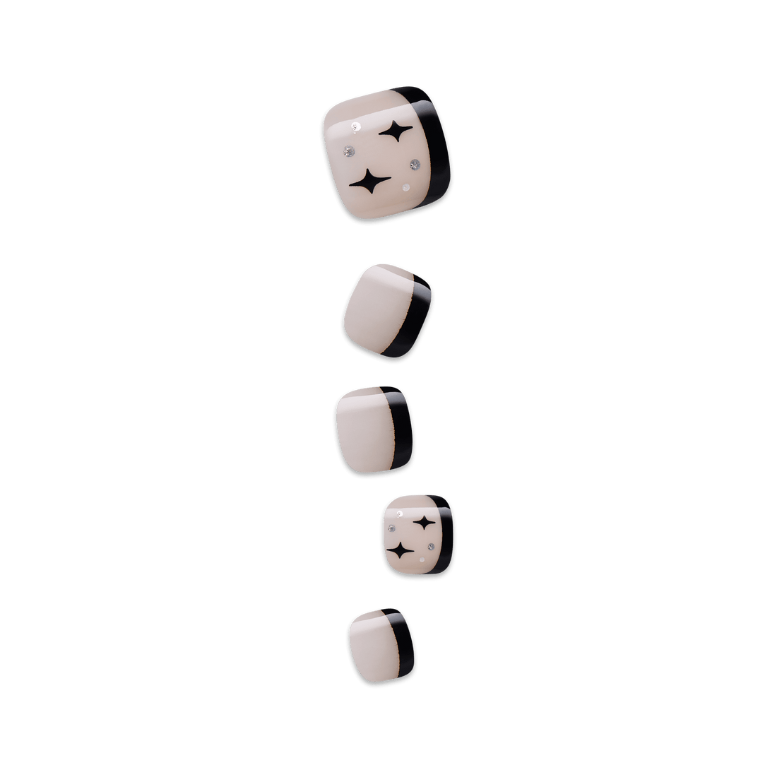 Set of five press-on toenails with a beige base, black tips, and black star and silver dot accents on the largest and second smallest nails.