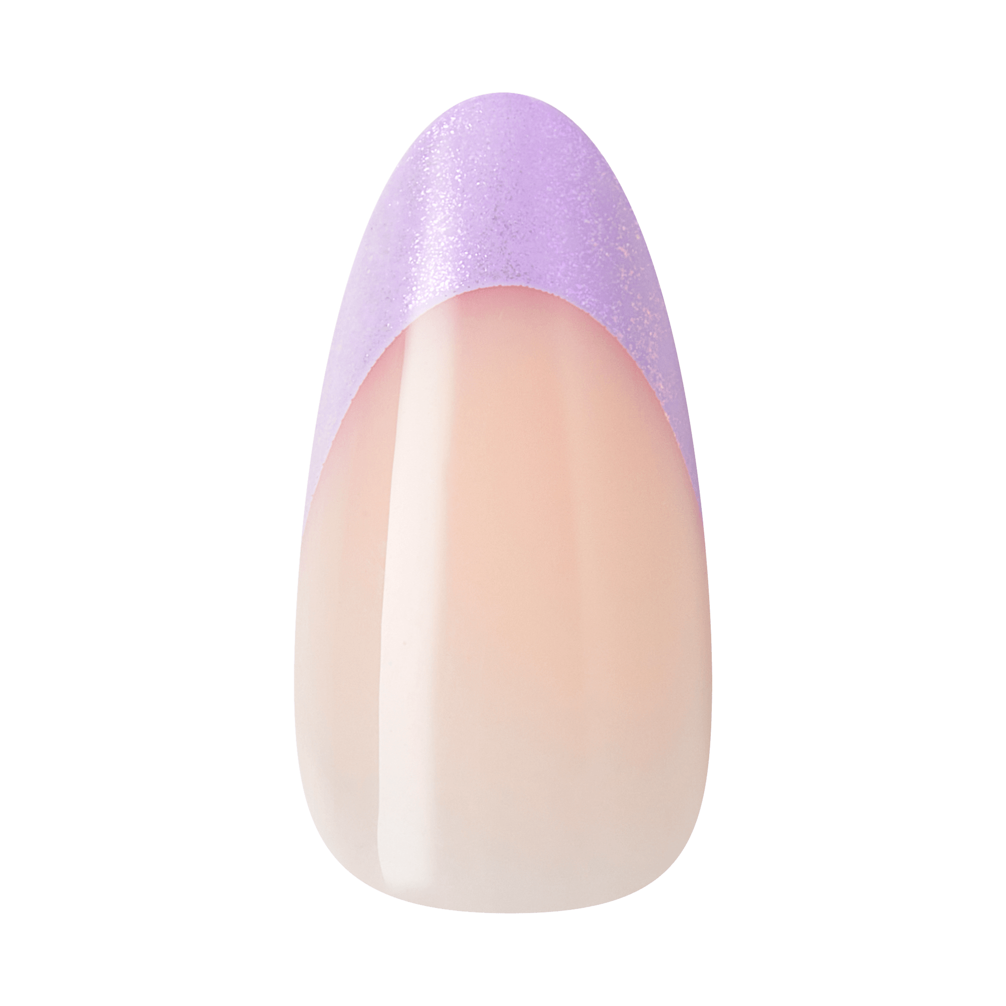 Nail tip with a glossy nude base and a shimmering lavender purple French tip design, shown against a plain background.