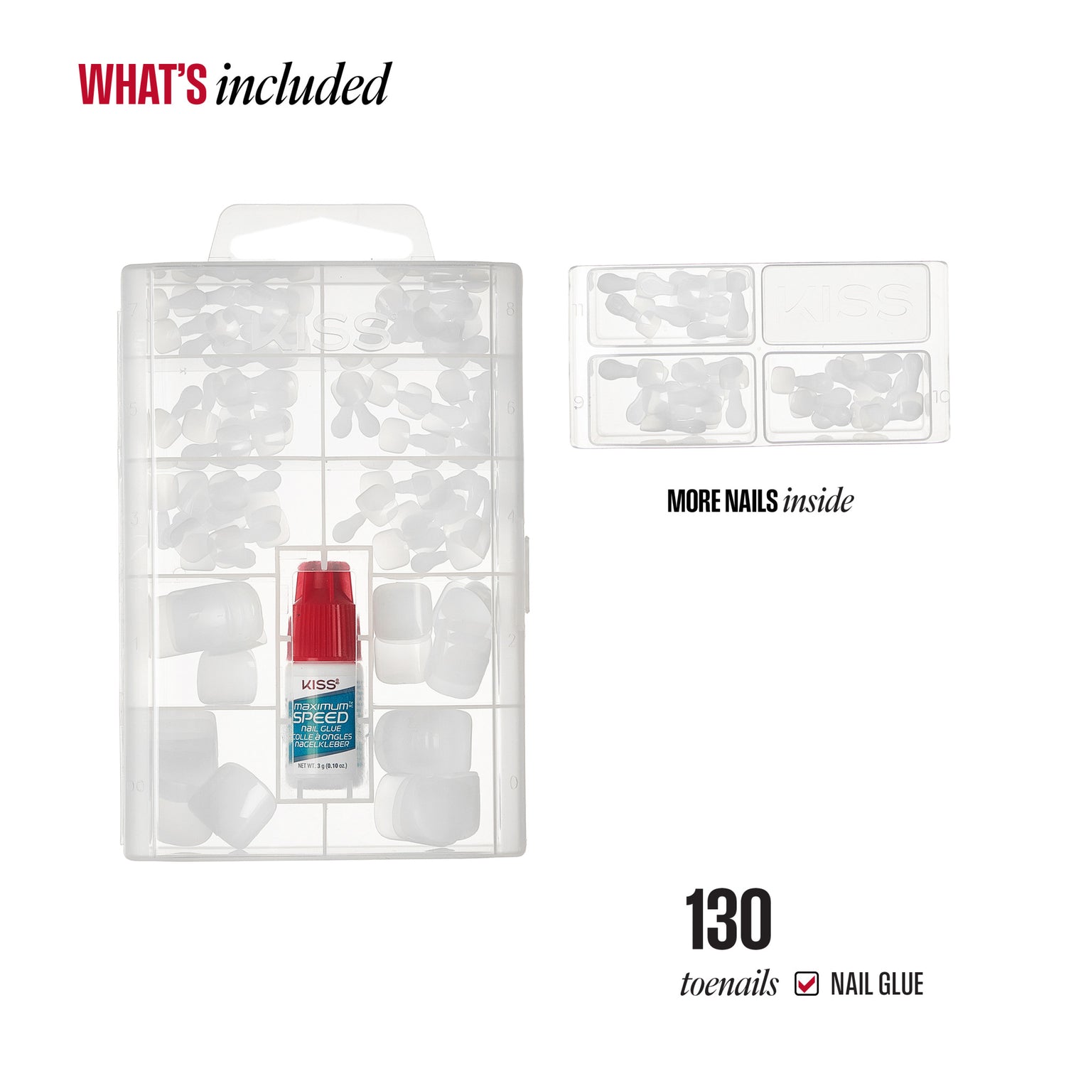 KISS nail kit with 130 toenails, nail glue, and refill packs included.