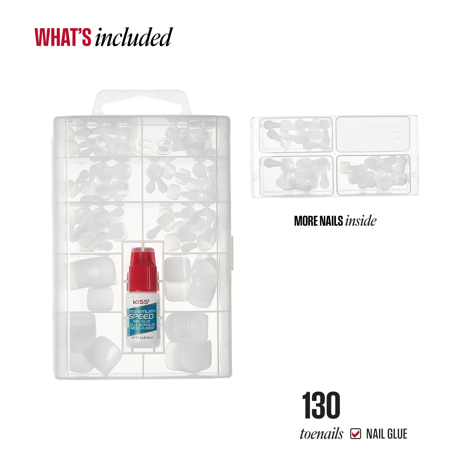 KISS nail kit with 130 toenails, nail glue, and refill packs included.