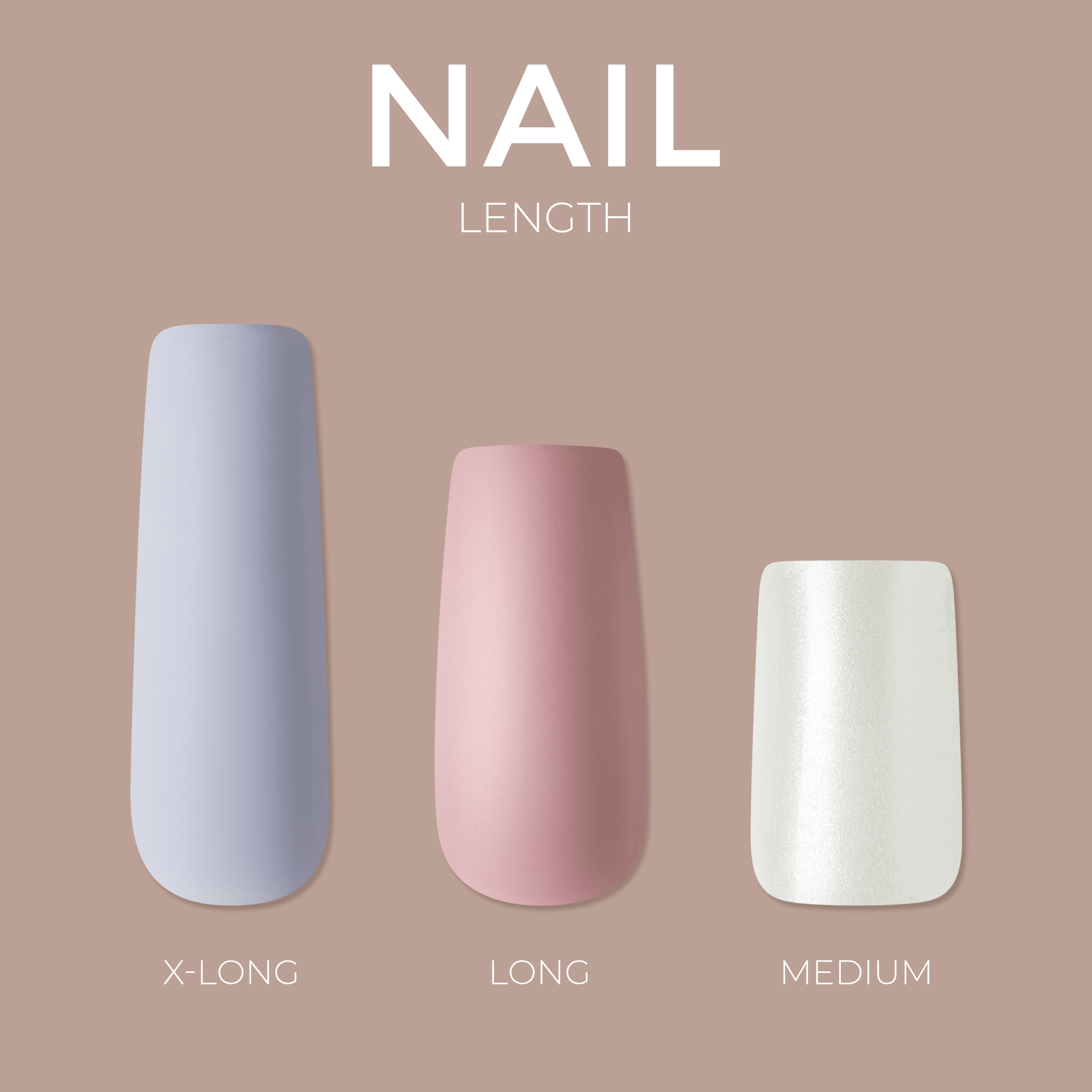 Three press-on nail shapes displayed on a muted mauve background labeled \